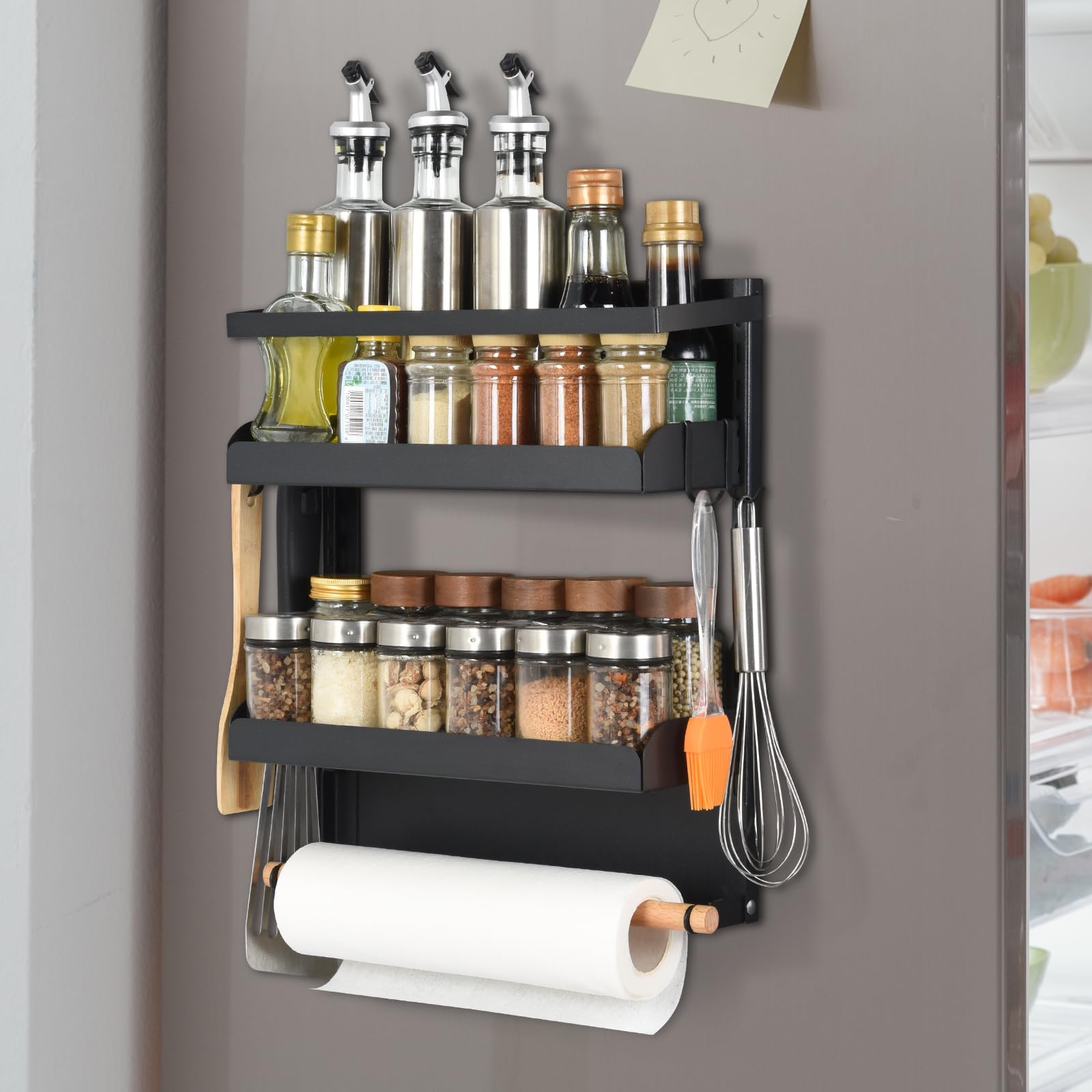 OTraki Scaffale Portaspezie Magnetico per Frigorifero, 2 Ripiani Organizer Cucina Senza Foratura Carico Massimo 8 Kg, Portaspezie Da Parete in Acciaio Inox con Porta Rotolo da Cucina e 4 Gancio