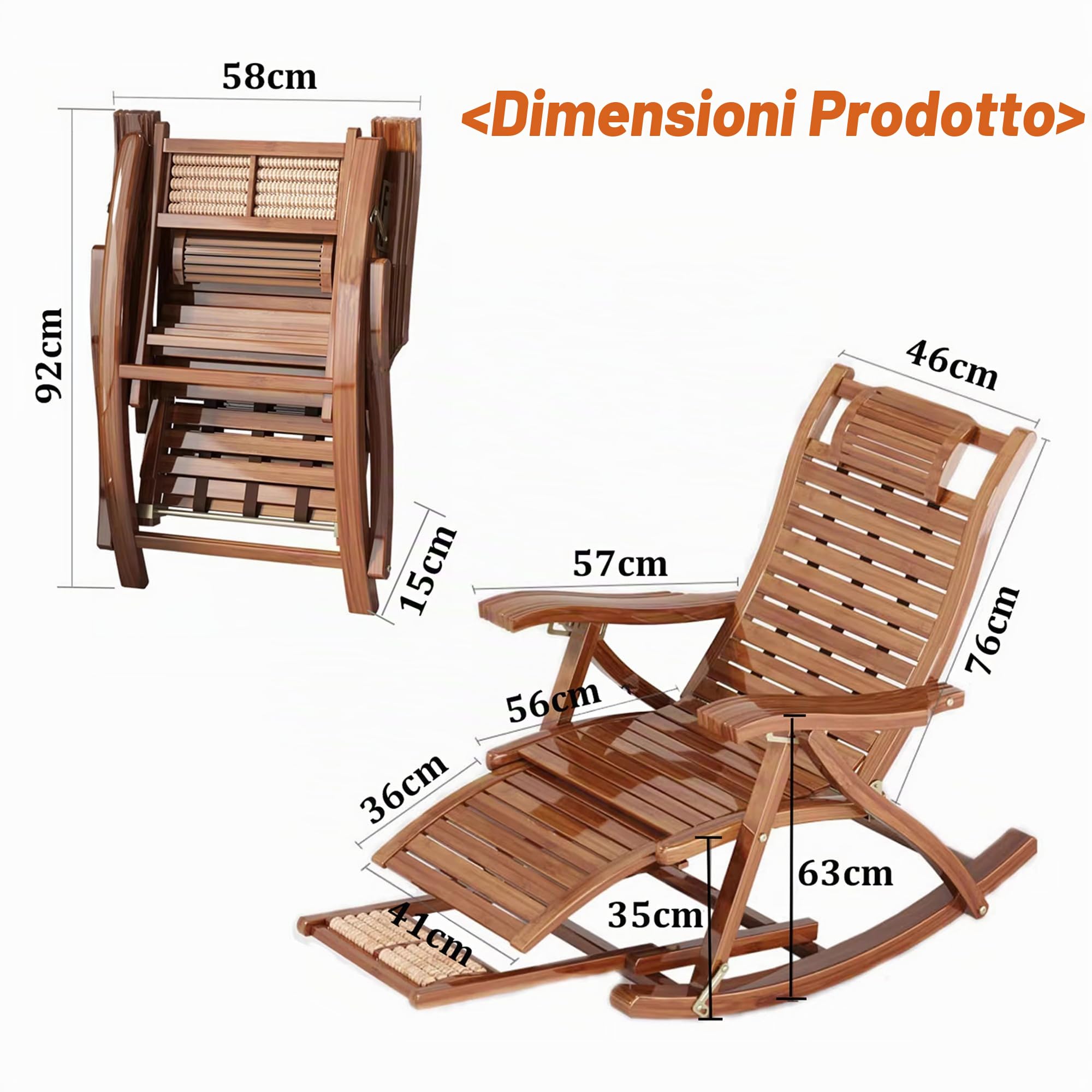 Sedia a Dondolo Pieghevole, Poltrona Reclinabile Regolabile in 5 Posizioni, Lettino Prendisole per Esterni con Poggiapiedi Esteso, Sedia a Sdraio in Legno per Giardino, Patio, Balcone