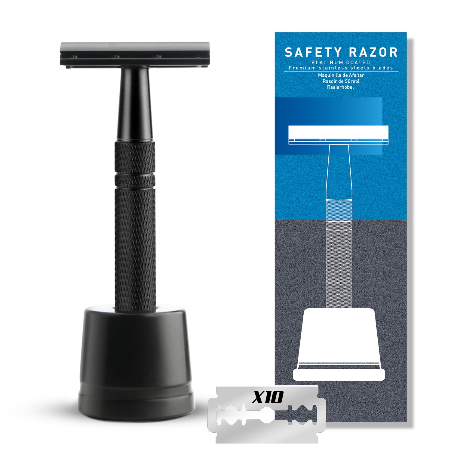 Double Edge Safety Razor with Stand, Single Blade Razors for Men and Women, Reusable Metal Razor, with 10 Stainless Steel Double Edge Blades, Smooth and Close Shave, Plastic Free, Matte Black