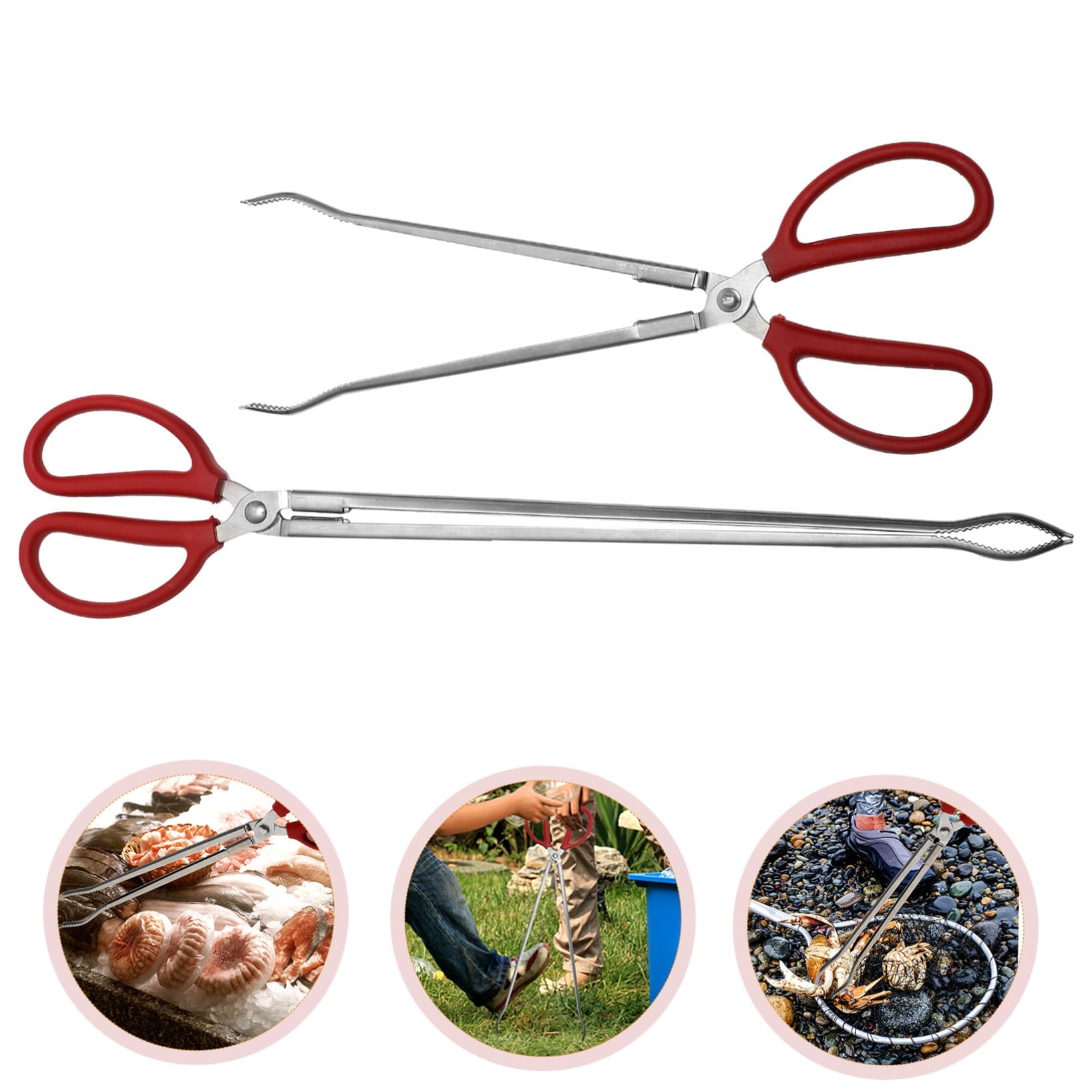 FOMIYES Pinzas Largas De Acero Inoxidable 2 Piezas (38 Cm y 51 Cm) Para Recoger Basura y Manipular Cangrejos, Anguilas y Peces De Barro, Herramienta Multiusos Para Exteriores, Jardinería y Pesca