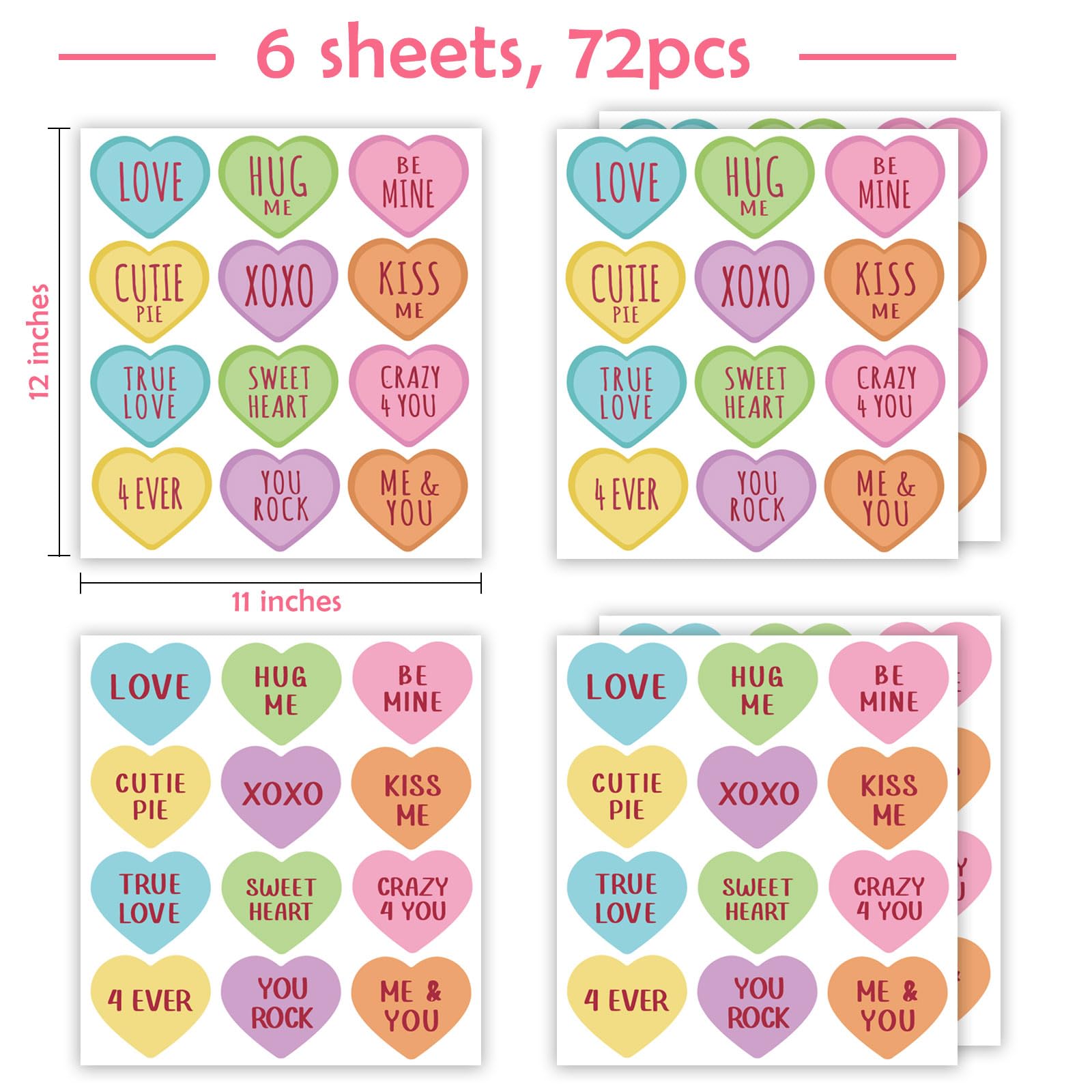 Valentines Day Window Clings 6 Sheets, Valentines Window Decorations for The Home School Classroom Office 72pcs, Cute Candy Heart Window Stickers Decals Gifts for Kids Family Friends