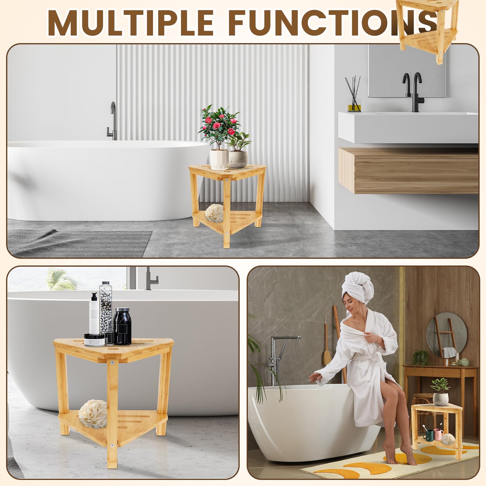 Eck-Duschhocker, Bambus, Fußstütze, Duschbank, platzsparend, kleine Spa-Hocker für Rasur und Shampoo, perfekt für Badezimmer