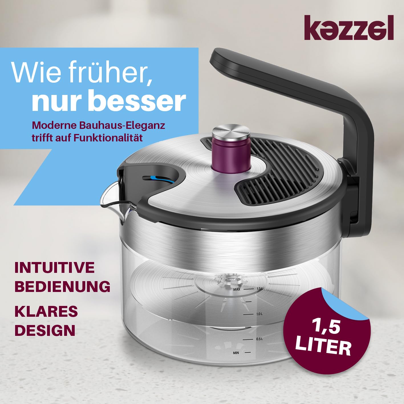 Kezzel® innovativer Wasserkessel für Induktionsherde 1,5 Liter | Automatische Abschaltfunktion, kein Überkochen | Minimalistisches Design, Edelstahl & Glas, leicht zu reinigen, spülmaschinengeeignet