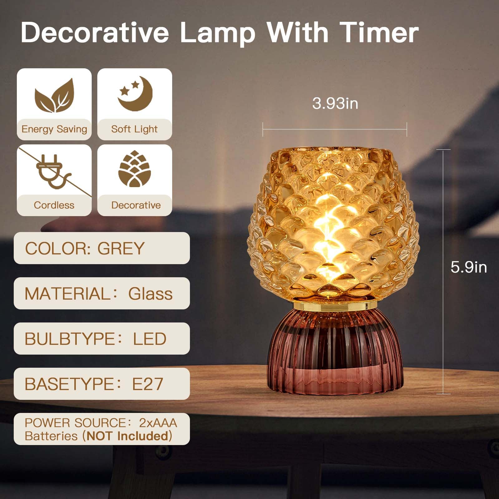Lámpara a pilas con temporizador, bonita lámpara de mesa de cristal inalámbrica pequeña para decoración del hogar, cocina, baño, regalo de cumpleaños para mujeres, piña, ámbar 2
