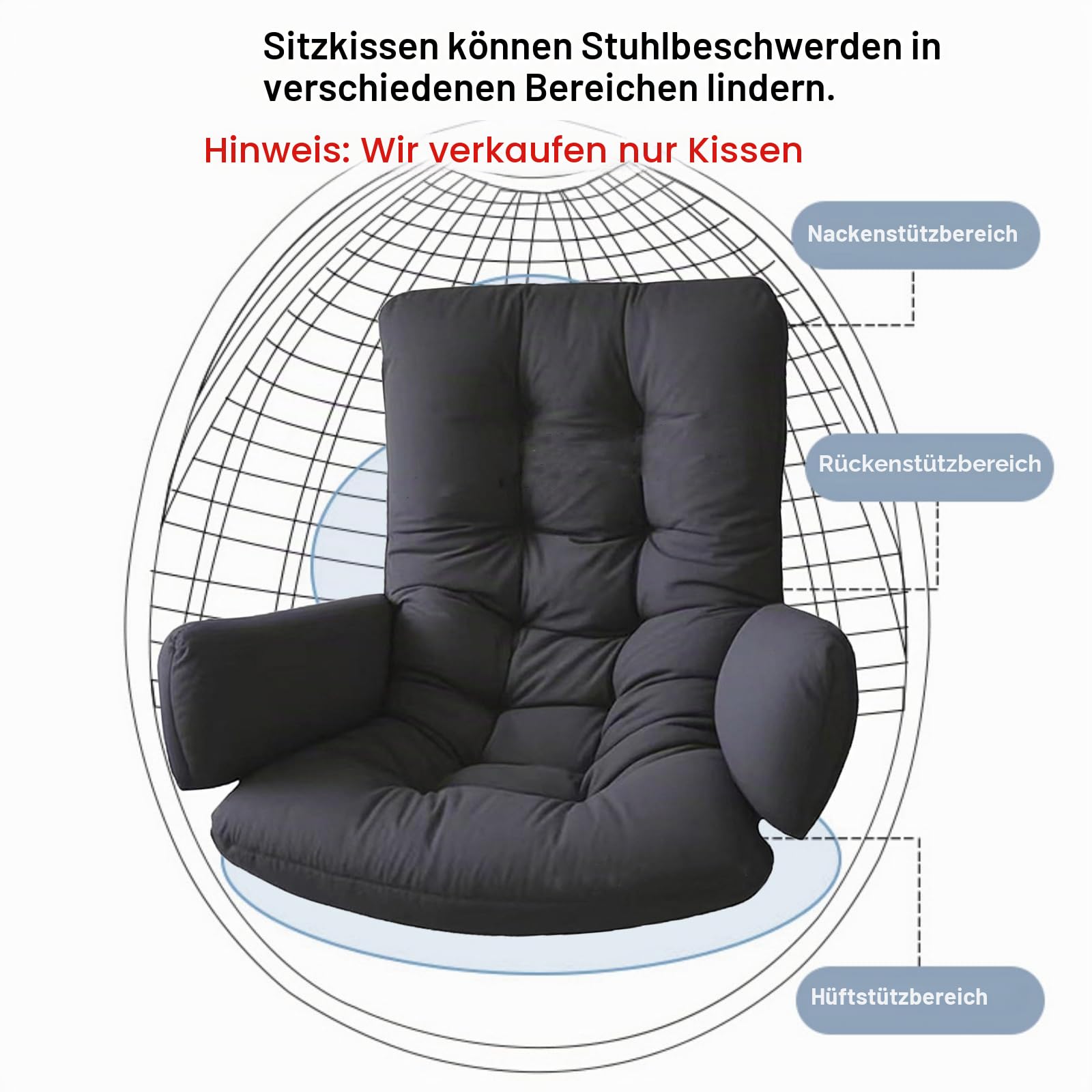 Verdicktes Polyester-Kissen mit Rückenlehne für Hängesessel, Garten-Cocoons und Eierstühle - Bequemes Sitzpolster(Dark Gray)