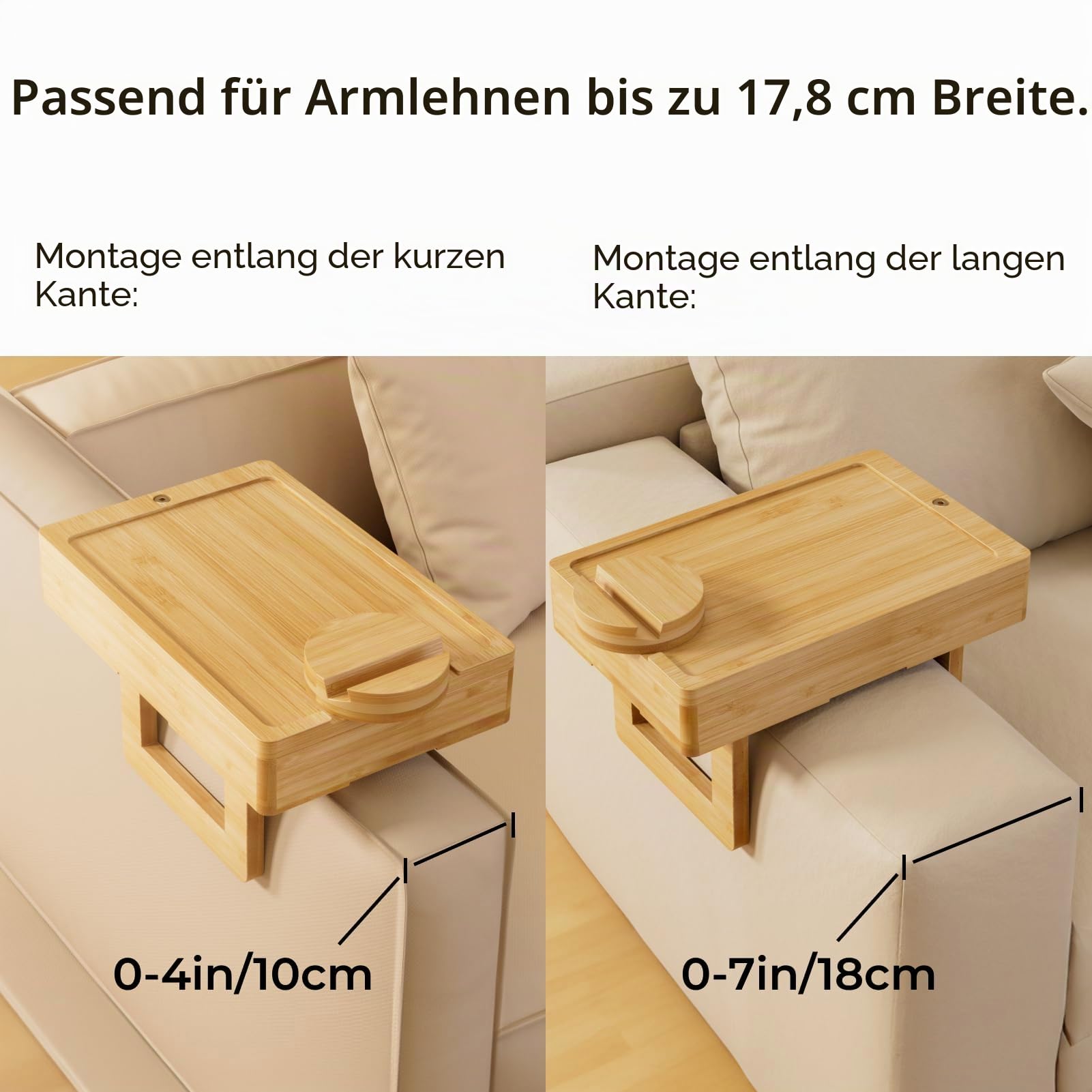 Wealone Mini Sofatablett, Couch Ablage für Armlehne mit Aufbewahrungsbox, Sofa Armlehnen Tablett, 360° Drehbarem Handyhalter, Bambus Tablett für Getränke, Snack, Armlehne ≤18 cm Breit