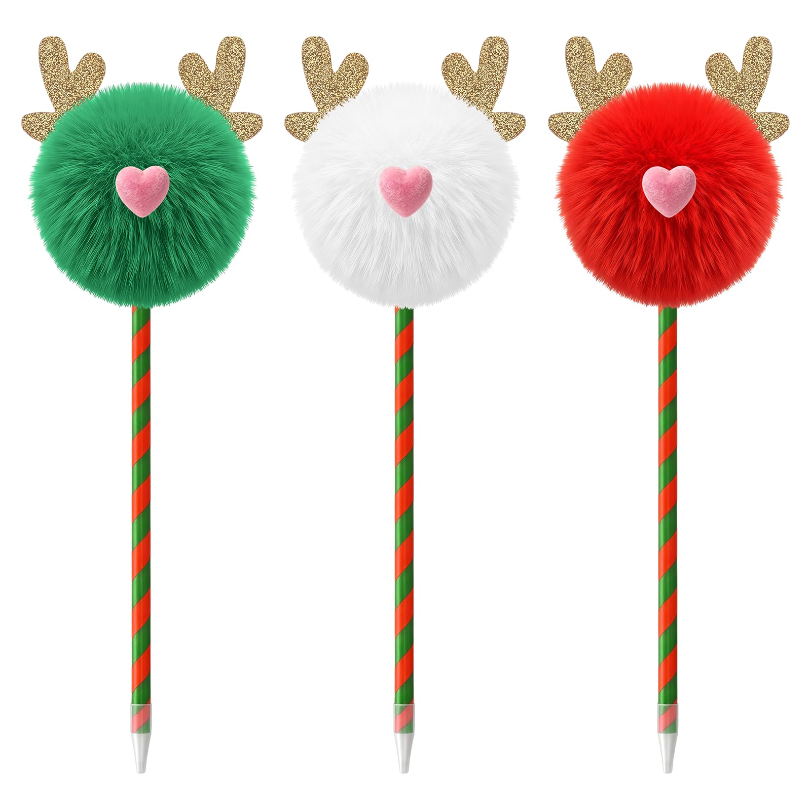 Lezevn 3 Pieces Reindeer Fluffy Ball Gel Ink Pens Elk Pom Pom Ballpoint Pens Office Supplies Plush Pens for Birthday Gift for Christmas Party Favors