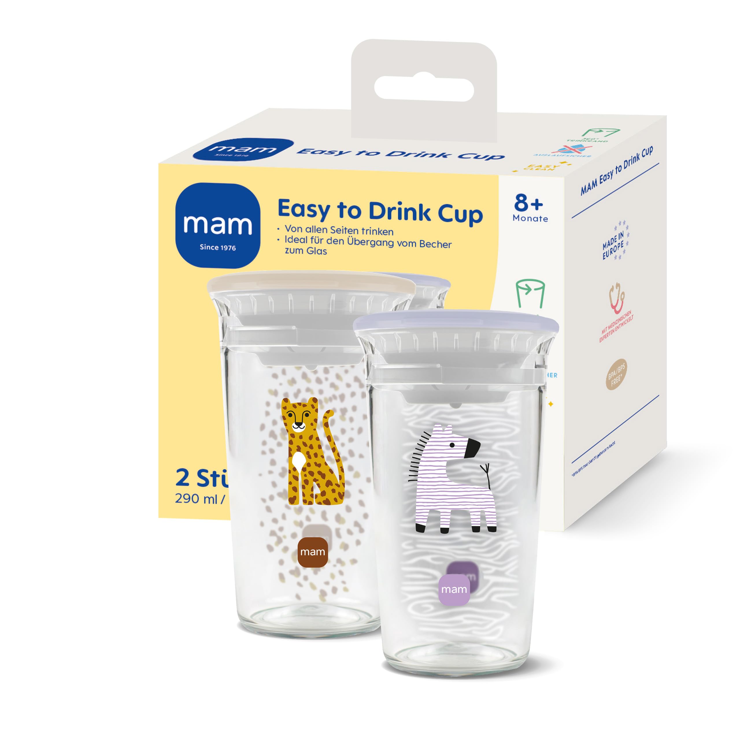 MAM Easy to Drink Cup | 360° Learning Cup from 8+ Mon | Leak-Proof Silicone Insert with Valve | BPA & BPS Free | Easy to Clean | Baby & Children's Drinking Cup | 290 ml | Zebra/Leopard | Pack of 2