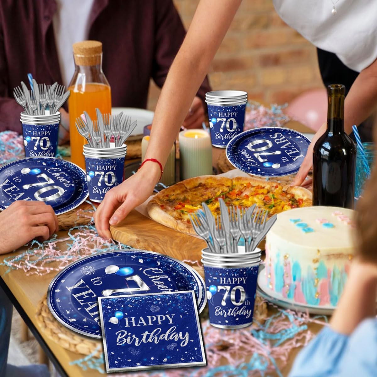 GREHUMOR 142 Pcs 70th Birthday Tableware Set Decorations Sliver and Blue 70th Happy Birthday Party Supplies for Men Women Birthday Tablecloth,Plates, Napkins, Cups,Forks and Knives - Image 4