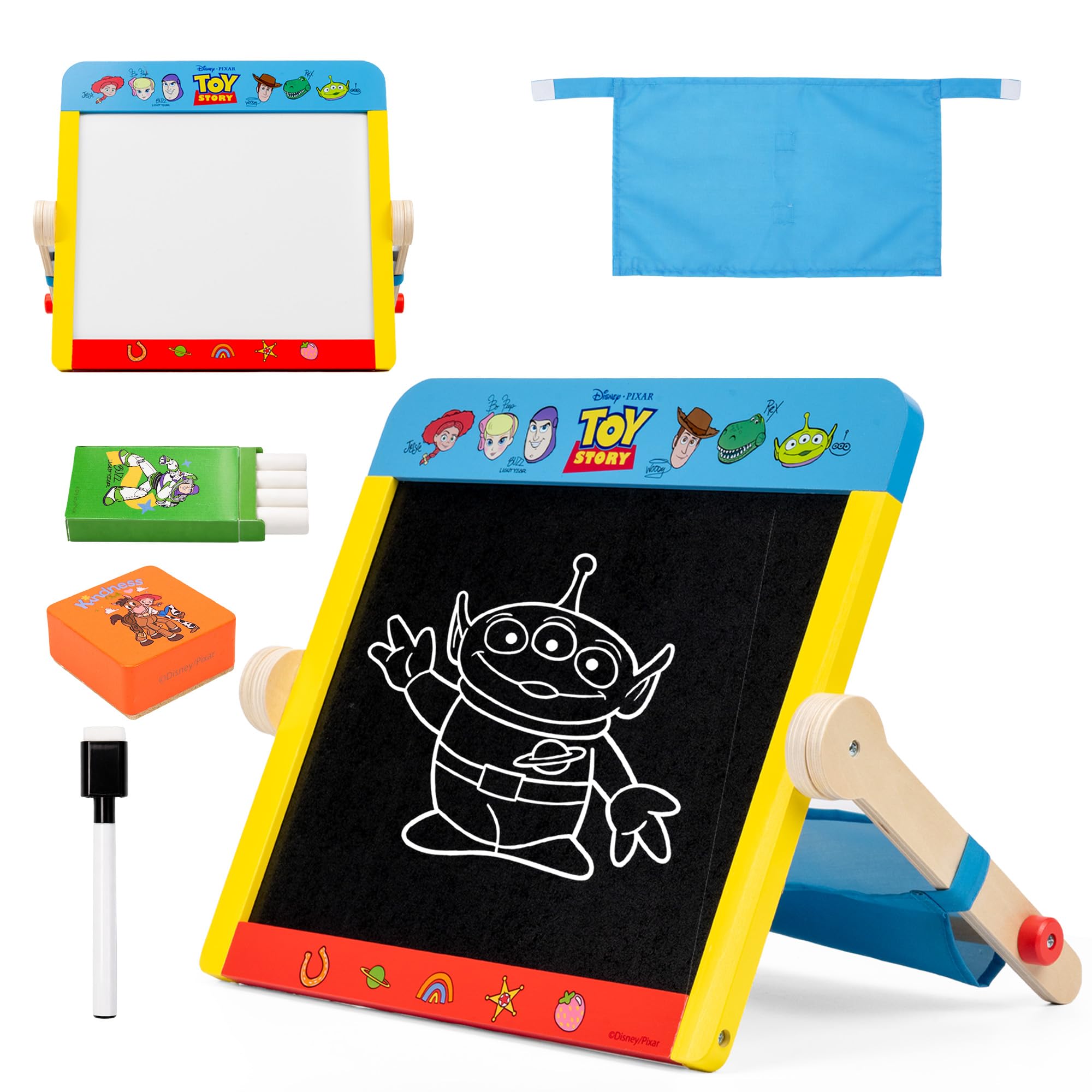 Disney Toy Story 2-in-1 Double-Sided Drawing & Chalk Board with Pen, Eraser & Velcro Storage Pouch for Kids, Portable Art & Learning Board for Creative Play, 3+ Years – Tabletop Easel