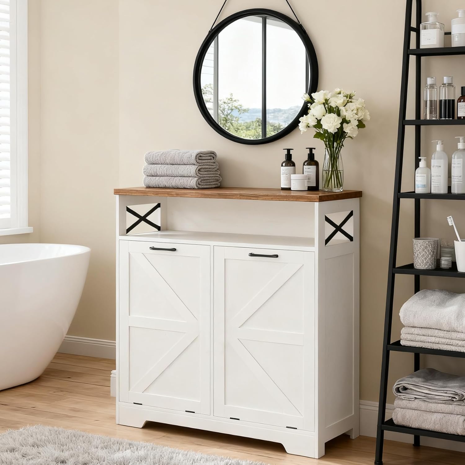 Tilt Out Trash Can Cabinet for 13 * 1 Gallon Trash Can, Farmhouse Kitchen Island Cabinet with Adjustable Shelf for Hidden Laundry Basket, Dog Proof Garbage Can for Dining Living Room, White