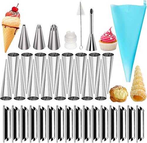 Miniatura 33 de Juego de 30 moldes de cuernos de crema, grandes de acero inoxidable Canolis Forms Cannoli Kit para hornear canolis, cáscara de croissant, postre