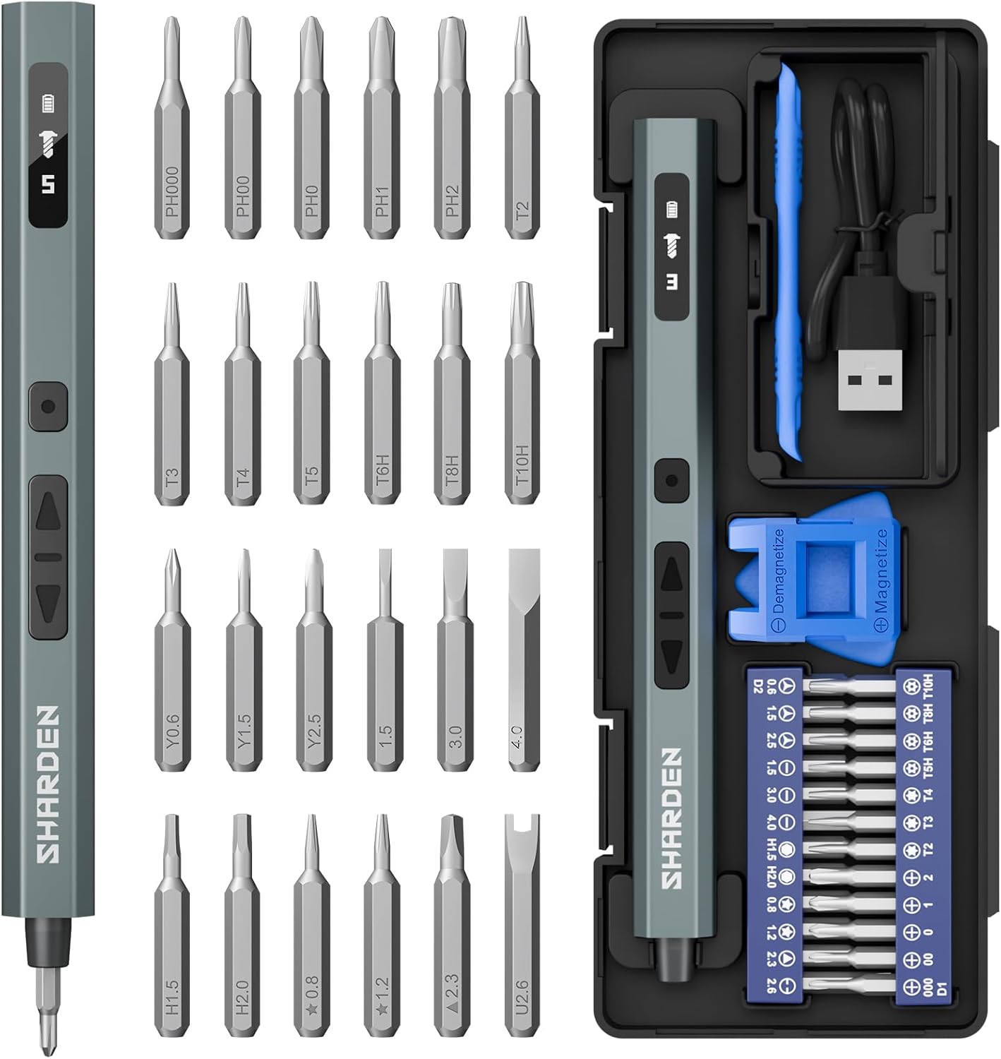 SHARDEN 29 IN 1 Upgraded MIni Electric Screwdriver, 24 S2 Preicison Bits, 5-gear Torque Adjustment, with screen, Power Screwdriver Repair Tool Kit for PC, Electronic. Tech