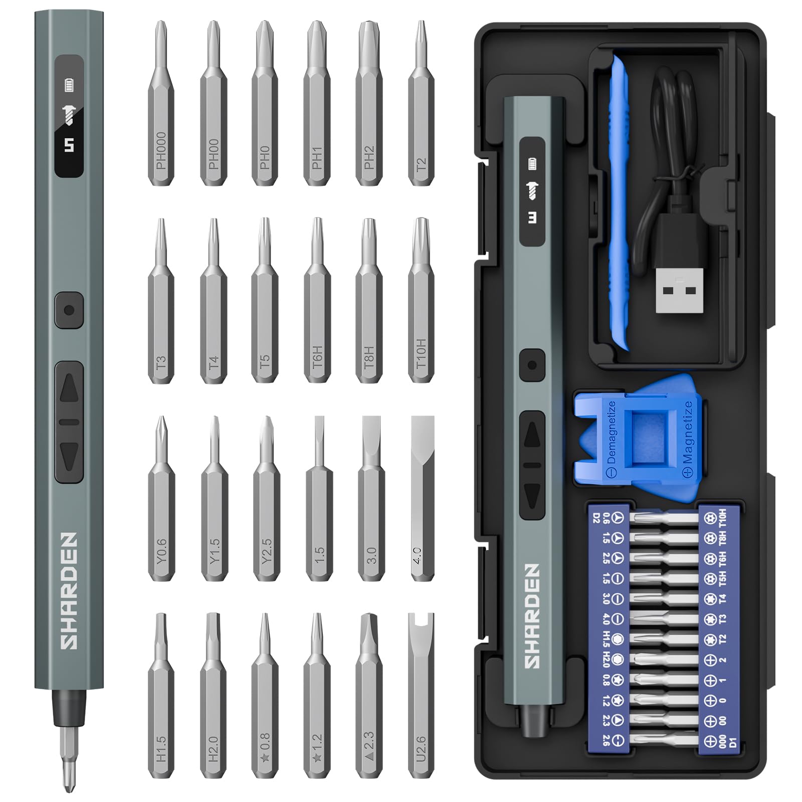 SHARDEN Destornillador eléctrico MIni mejorado 29 en 1, 24 puntas S2 Preicison, ajuste de par de 5 velocidades, con pantalla, kit de herramientas de reparación de destornilladores eléctricos para PC