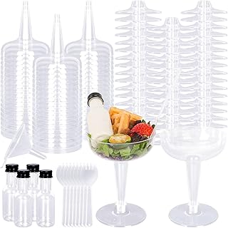 Whaline 25 Set 4oz Clear Plastic Charcuterie Cups Mini Alcohol Bottles with Spoons Forks Liquid Funnels Disposable Stackable Stemmed Glasses Party Champagne Cups for Wedding Birthday