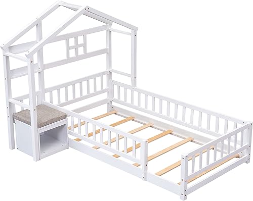 Miniatura 67 de Cama de madera de tamaño individual con cabecero en forma de casa con vallas, altura baja al suelo, para dormitorio de niños y niñas (blanco-01)