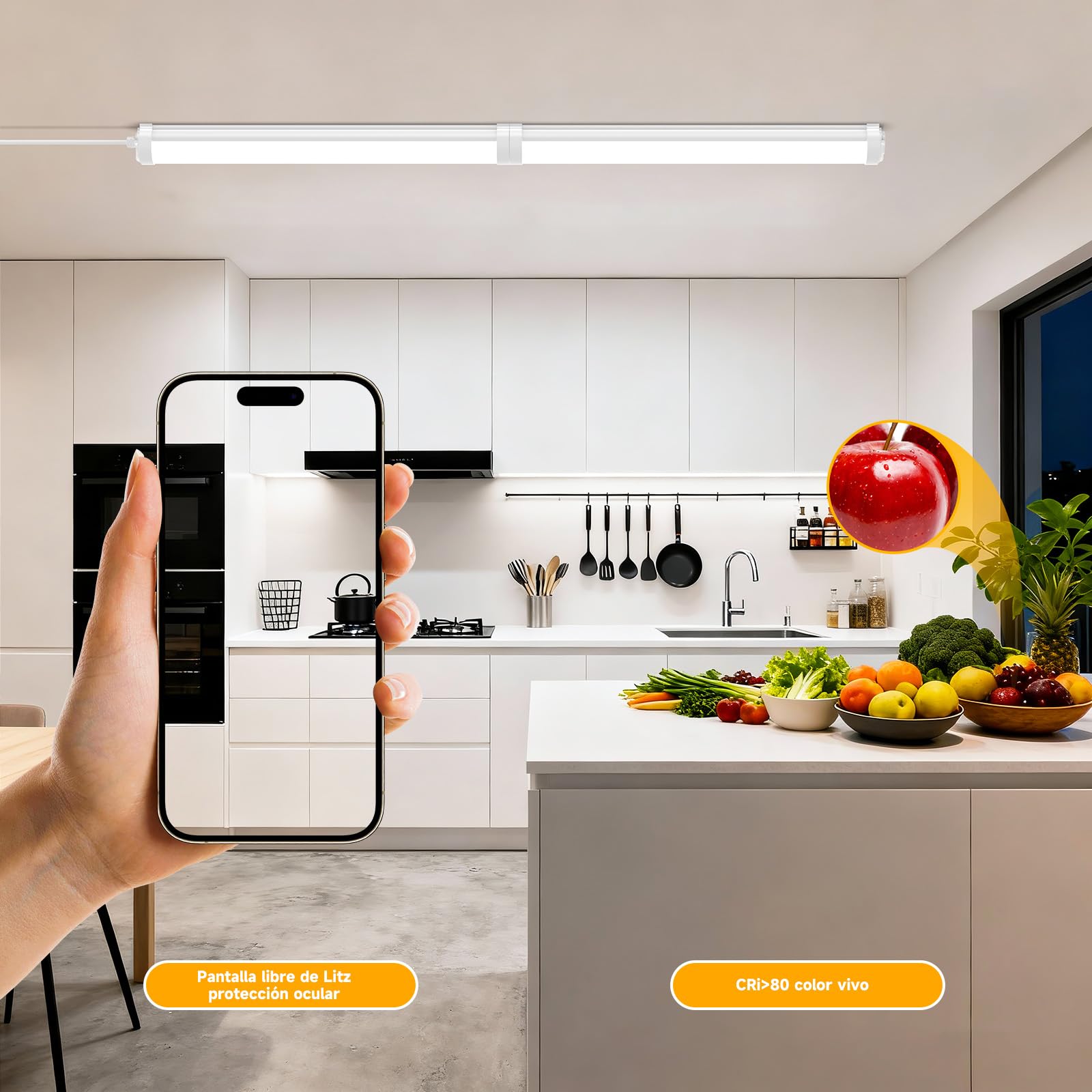 Lámpara de Techo LED 60CM, Fluorescente LED 18W, 2250lm, IP65 Impermeable, 6000K, Conectable, para Garaje, Taller, Cuarto de Baño, Oficina