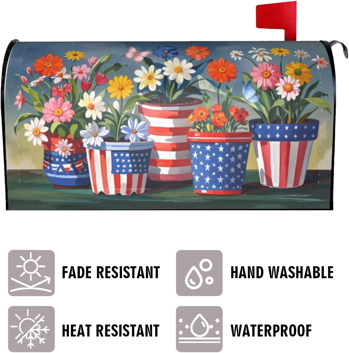 Independence Day Mailbox Covers, Summer Flowerpot Large Size Magnetic Mailbox Cover, July 4th Patriotic 25.1x21 Inch Post Letter Box Case for Outside Decor