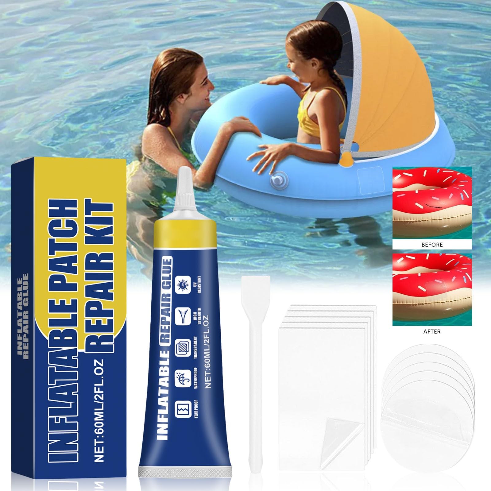 Mattress Patch Kit, Pool Liner Repair Kit, Glue for Inflatable Toys, Air Beds, TPU Rubber, 60ml
