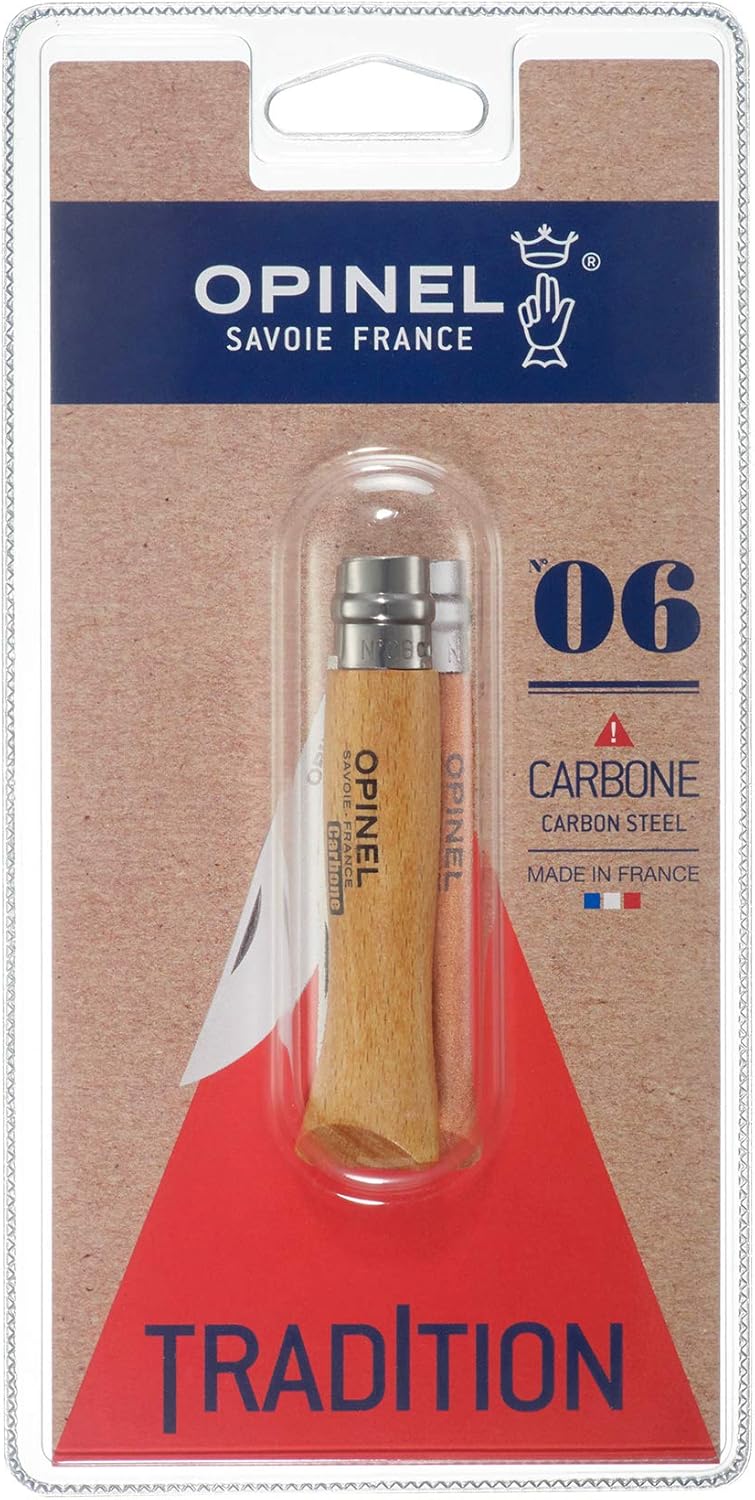 Opinel N°06 Carbone: Couteau Pliant Traditionnel, Lame 7cm en Acier Carbone, Manche Hêtre, Idéal Plein Air - Image détaillée