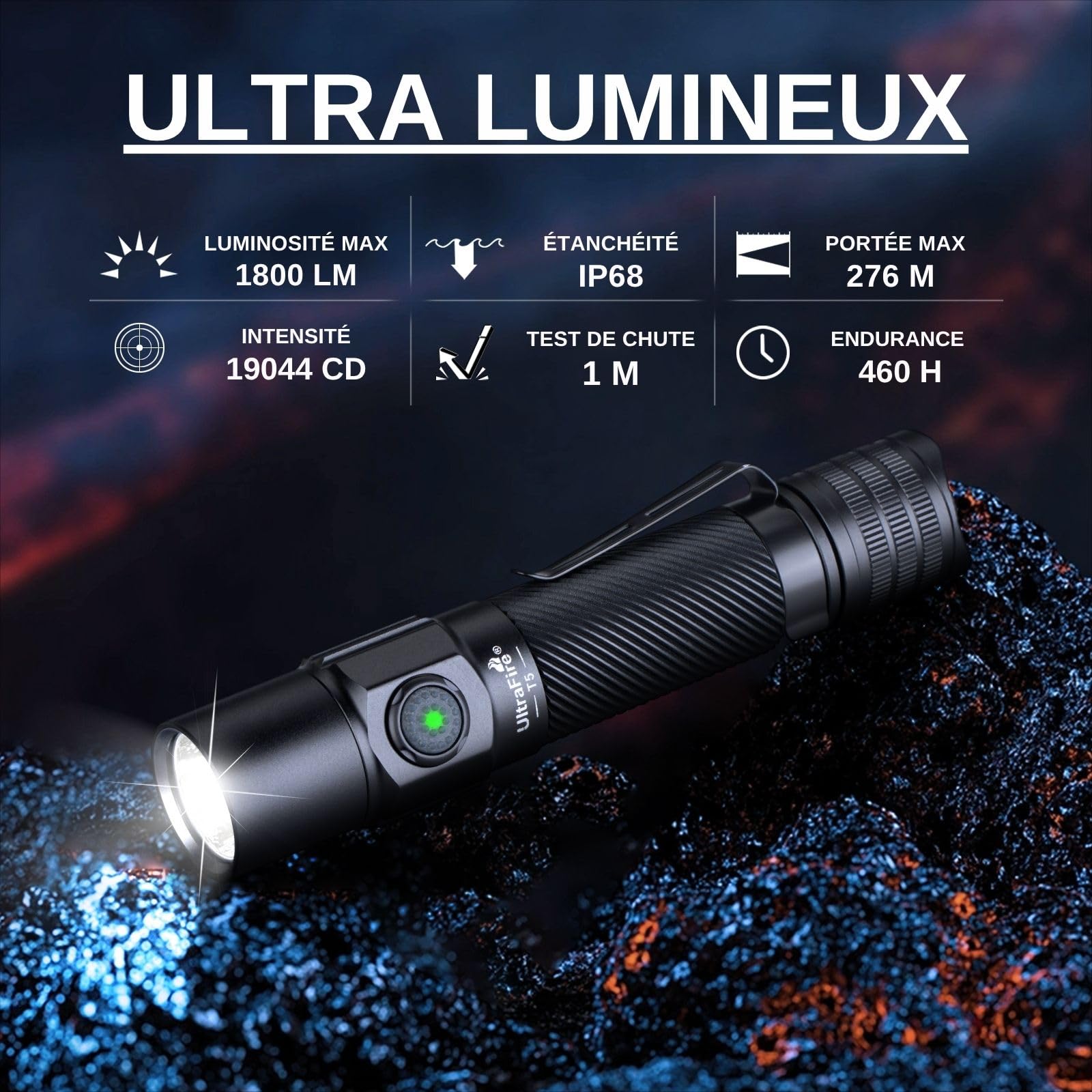ULTRAFIRE Lampe torche tactique T5 avec batterie, 1800 lumens haute luminosité, lampe de poche de police avec double interrupteur, petite lampe de poche USB-C pour activités extérieures et intérieures
