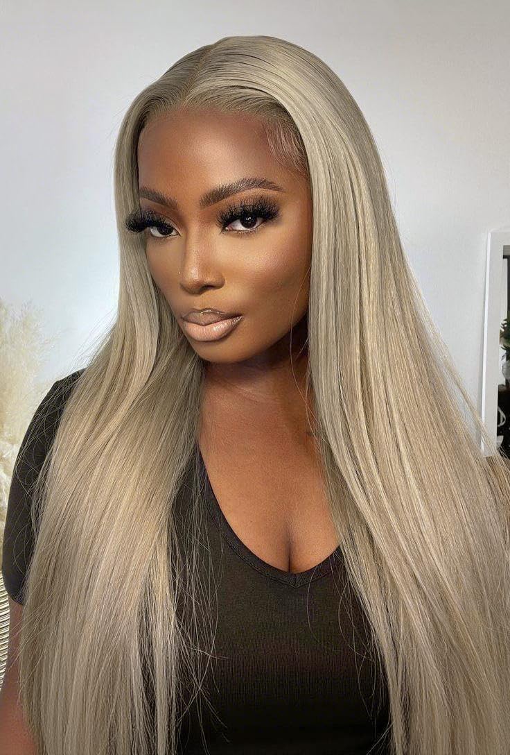 Ash Blonde Wig Human Hair 200% Density Milk Tea Ash Blonde Wig 13x6 Straight HD Thin Lace Front Wigs Human Hair for Women Ombre Blonde Colored Glueless Wigs Pre Bleached Knots 22 Inch
