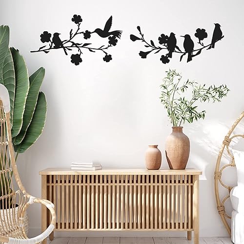 Esculturas de metal negro para exteriores decoración de pared de cinco pájaros en una rama decoración de pared de metal para sala de estar juego de 2