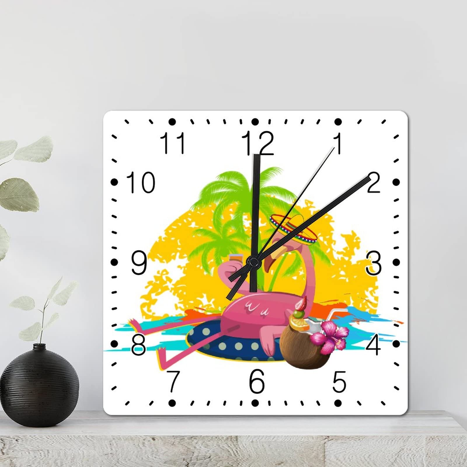 Horloge murale flamant rose tropical carrée Hello Summer de 30 cm pour salon