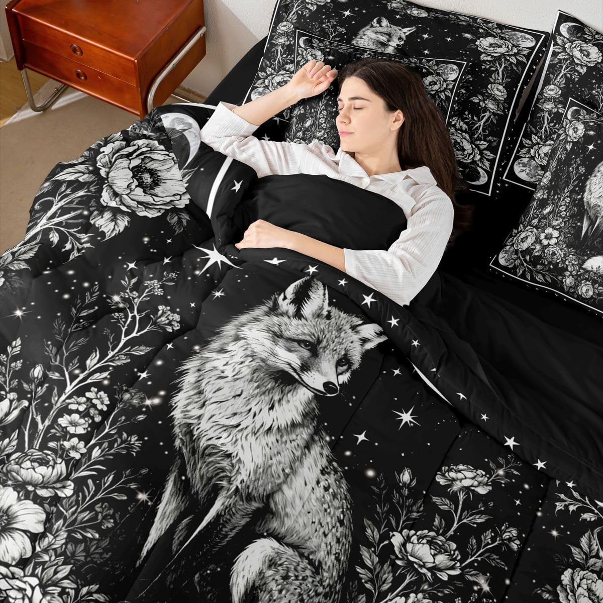Erosebridal Gothic Comforter Set 7 Piece Bed in a Bag Twin | Fox Bedding Sets Vintage Floral Woodland Animals Comforter and Sheet Set, Galaxy Moon Flowers Bed Sets Black Goth Decor