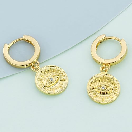 Miniatura 4 de Delicados aretes de aro colgantes para mujer, chapados en oro de 14 quilates, arracadas pequeñas con moneda de dije mal de ojo