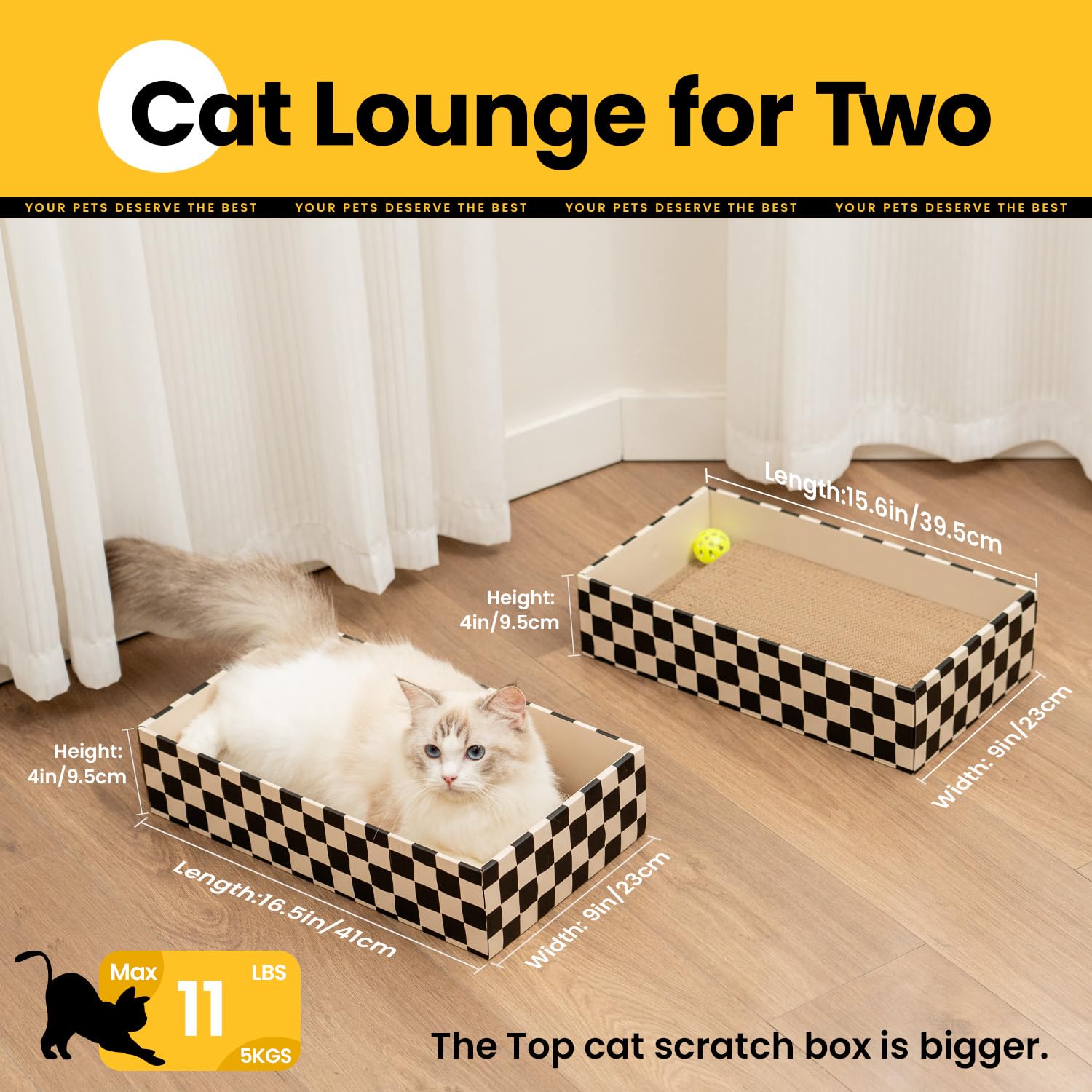 Conlun Cat Scratcher Box with 4 Scratching Pads&2 Separate Cardboard Boxes,2-in-1 Cardboard Cat Scratch for Multiple Kitten Interactive Play,Birthdays Holiday Toys Gift,Checkered-Ball Toy