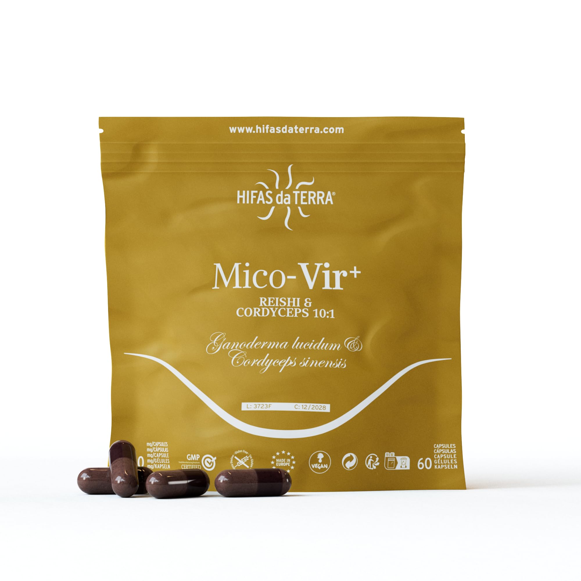 HIFAS DA TERRA - Mico-Vir+ Extractos Puros de Reishi y Cordyceps con Vitamina C - Refuerzo inmunitario natural, energía y recuperación - Extracto de Hongos - Refill 60 Cápsulas