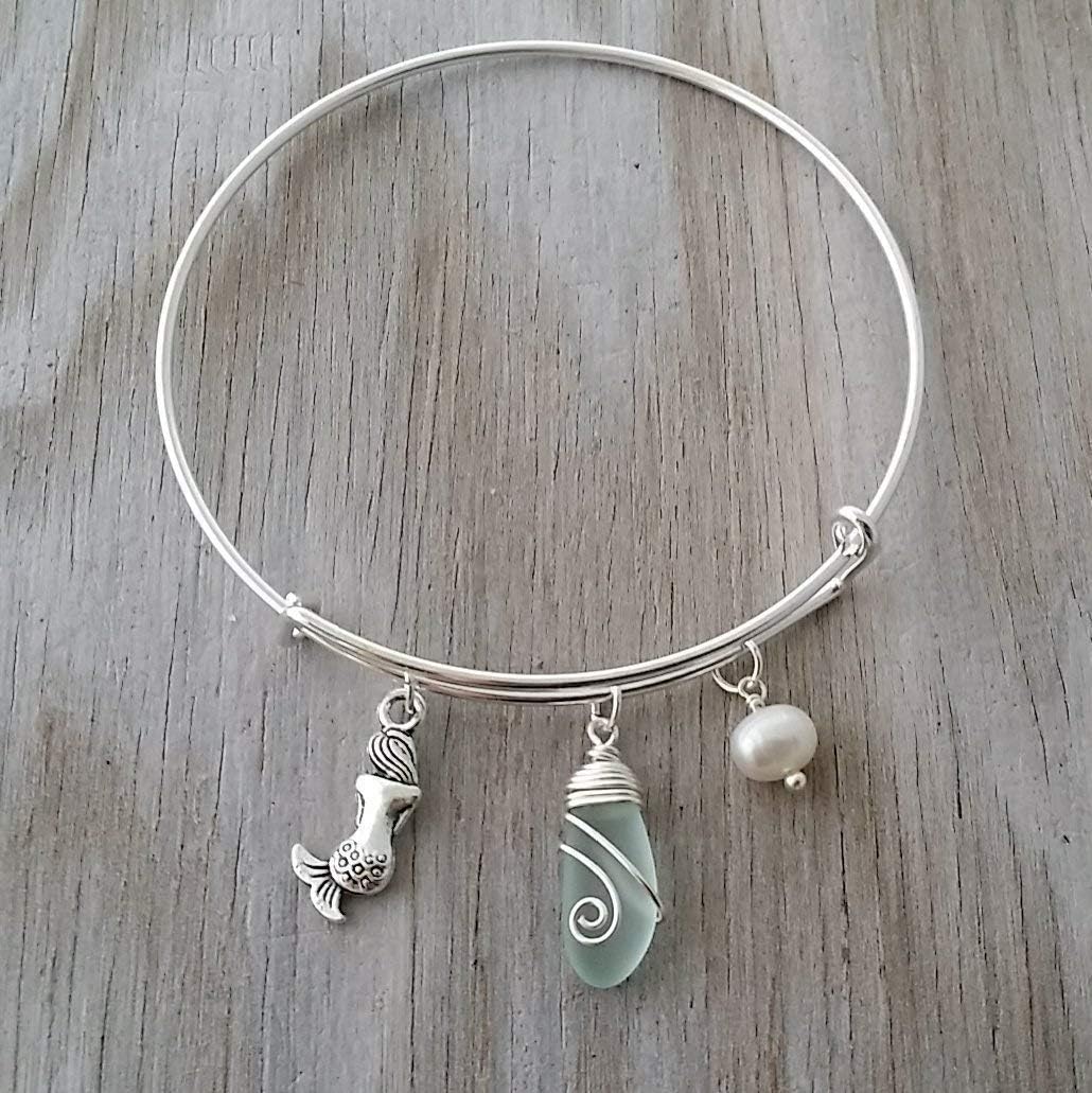 Handmade wire wrapped seafoam sea glass bracelet, mermaid charm, Natural pearl, (Hawaii Gift Wrapped, Customizable Gift Message)