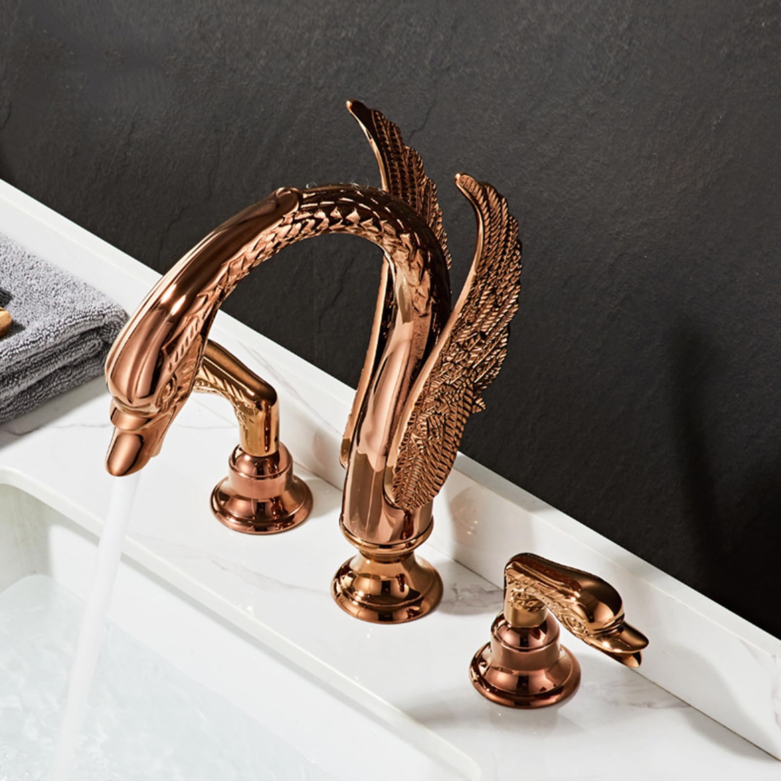 Rubinetto Miscelatore per Lavabo A Collo Di Cigno 3 Fori Doppia Leva Acqua Calda E Fredda Oro Rosa