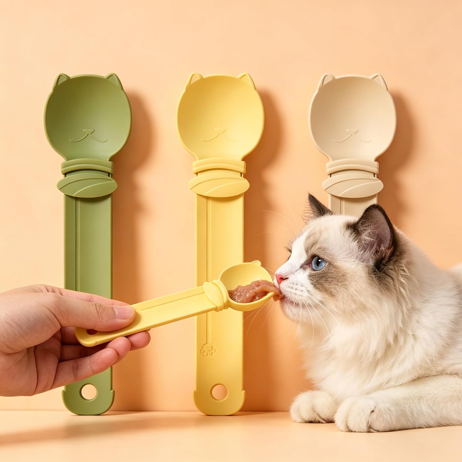 Cat Treat Spoon for Wet Food, Lickable Squeeze Feeder, 3 Pack Long Handle Wide Head Utensil for Paste Treats, Pet Creamy Snack Dispenser (3 Colors)