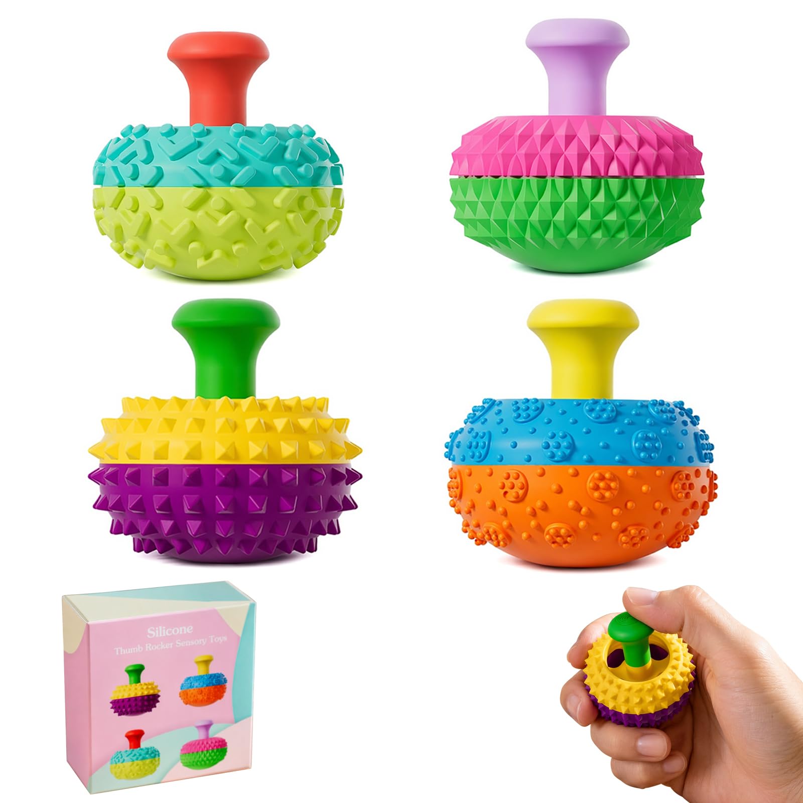 Silicone Thumb Rocker Fidget Toys 4 Pack, Silent Sensory Gadgets for Anxiety Relief and Focus, Quiet Desk Toy for ADHD Autism, Portable Stocking Stuffers for Kids Adults Teens Office Classroom