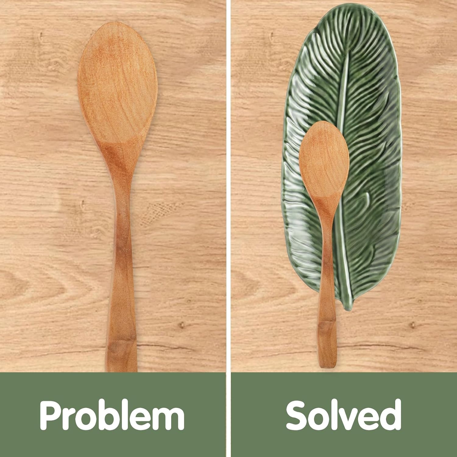 Green Leaf Spoon Rest - Cute Green Leaf Ceramic Countertop Holder with Wooden Spoon, Practical Utensil Rest for Stove Top Home Kitchen Decor image 3