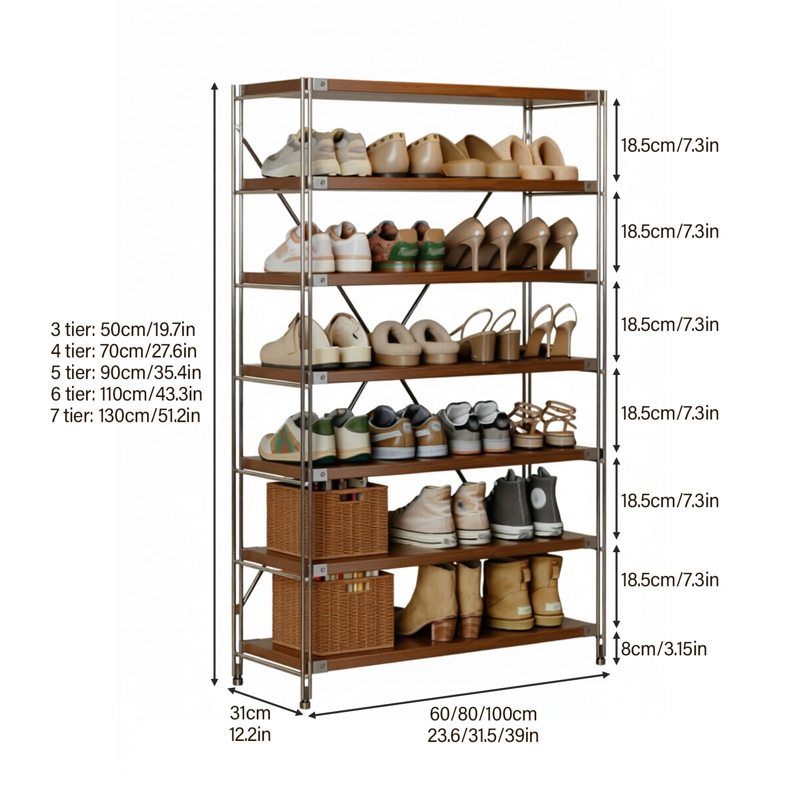 Zapatero, Organizador de Zapatos de Madera y Metal con Estantes Ajustables