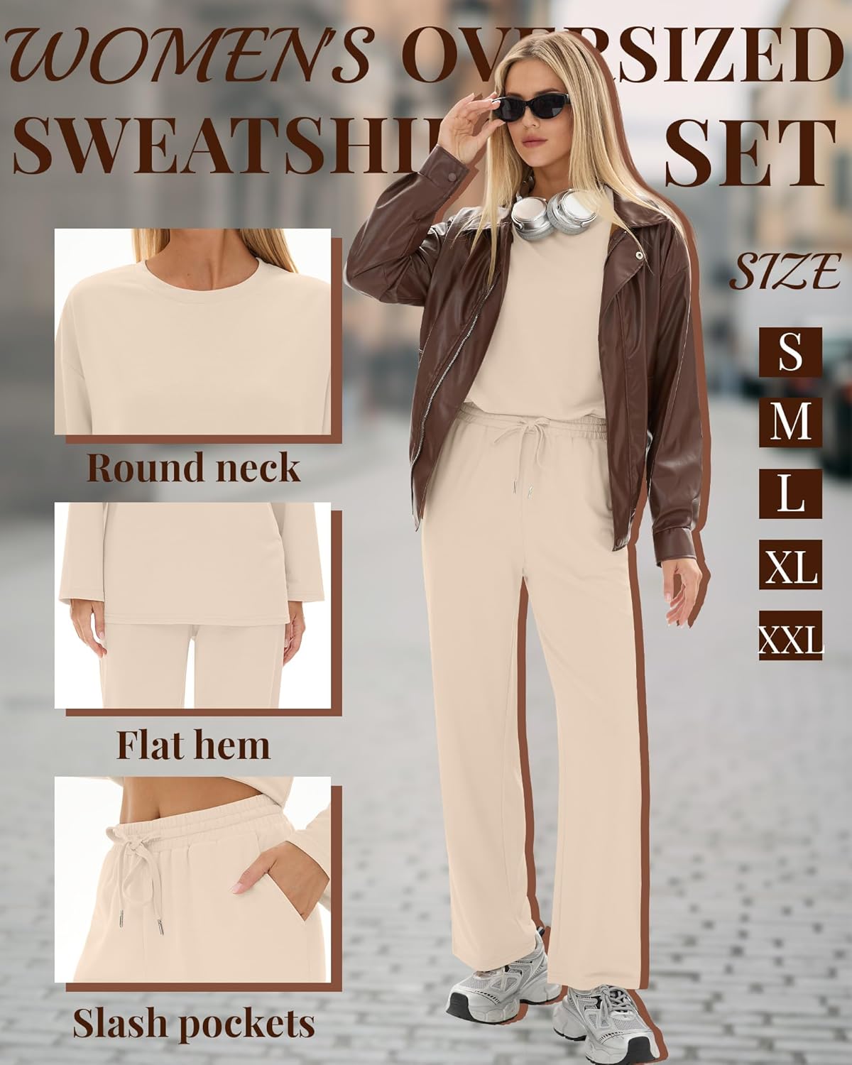 Women's 2 Piece Oversized Lounge Sets Long Sleeve Crew Neck Tracksuits Long Pant Drawstring Sweatsuits with Pockets(Apricot,Large) - Image 5