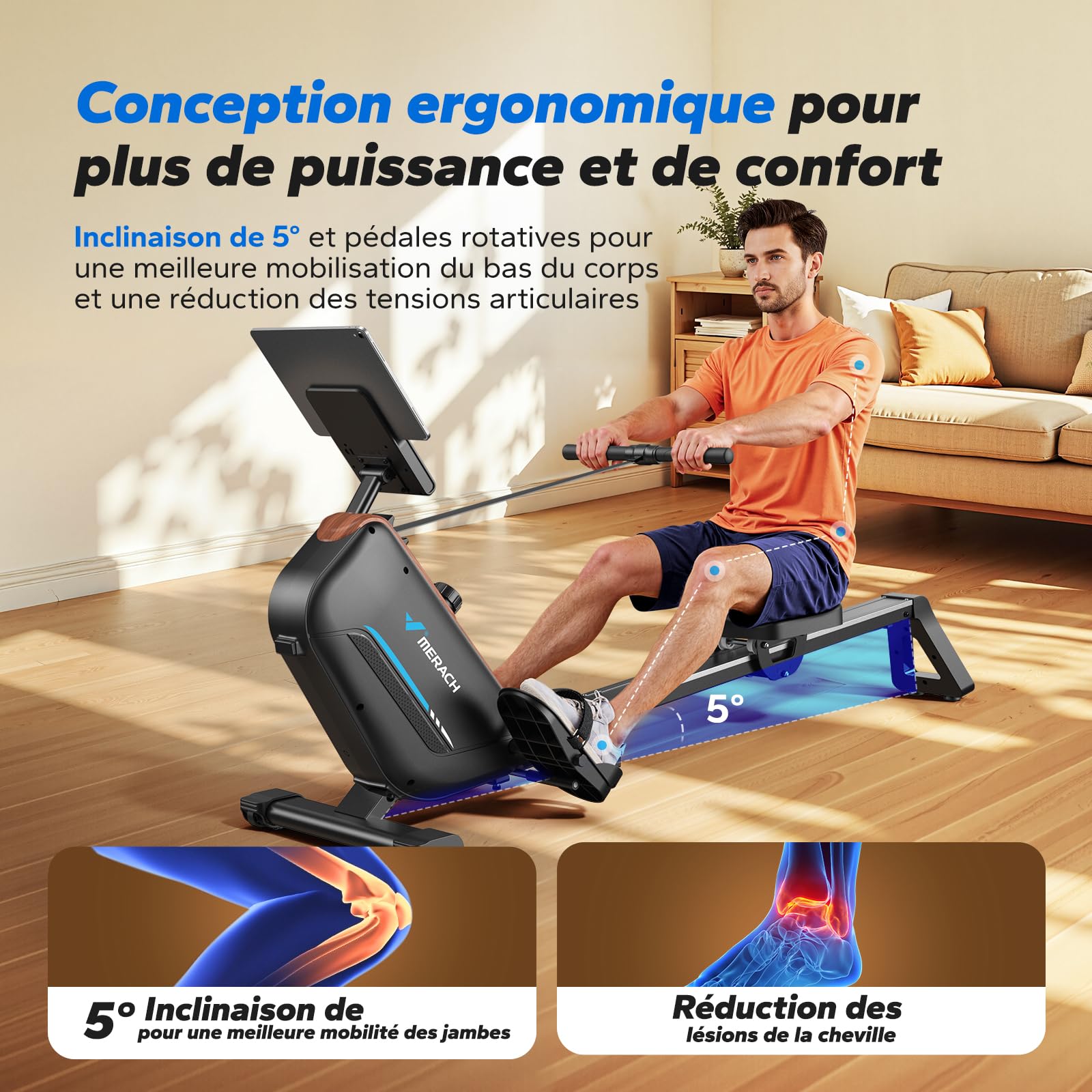 MERACH Rameur d'appartement, Rameur Magnétique Silencieux, Rails Améliorés et Allongés de 130 cm pour Une Plus Grande liberté de Mouvement, équipé d'une Application Exclusive