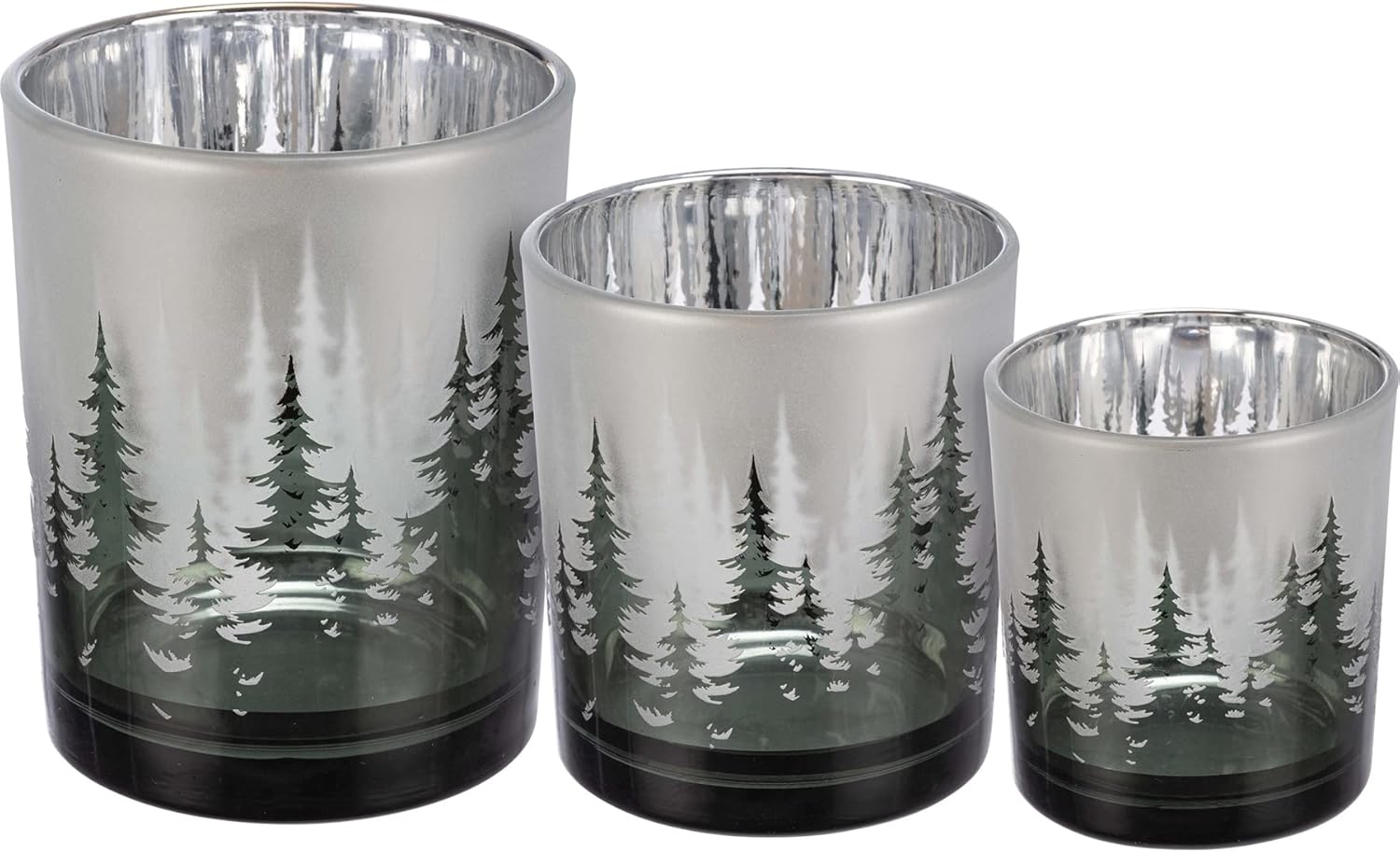 Primitives by Kathy Set of 3 Evergreen Pine Tree Design Glass Candle Holder Set