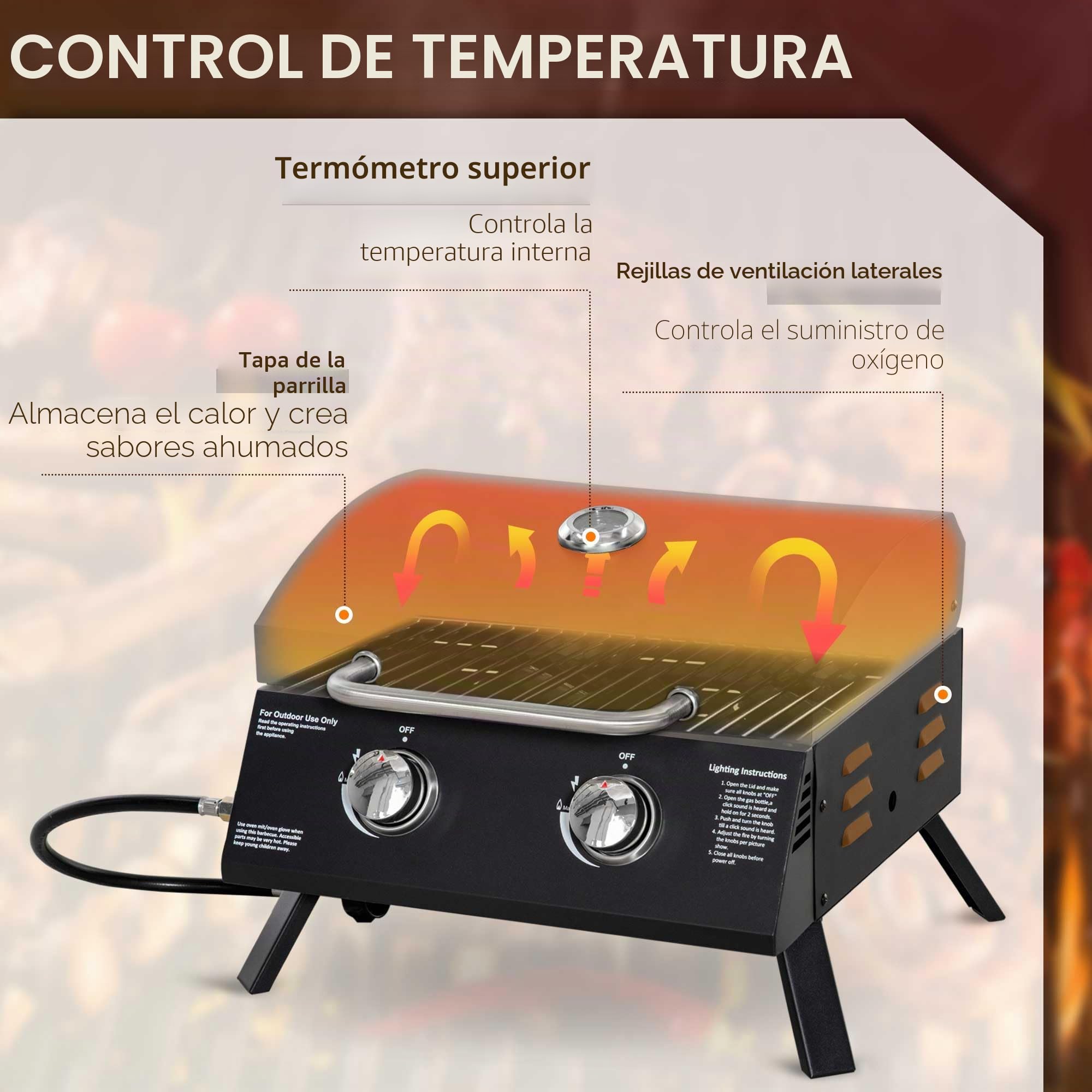 Outsunny BBQ a Gas de Mesa portátil con Patas Plegables 5 kW Negro | 2 Quemadores, BBQ a Gas de Camping, Parrilla de cocción, Bandeja de grasa, Termómetro, Acero apto para alimentos