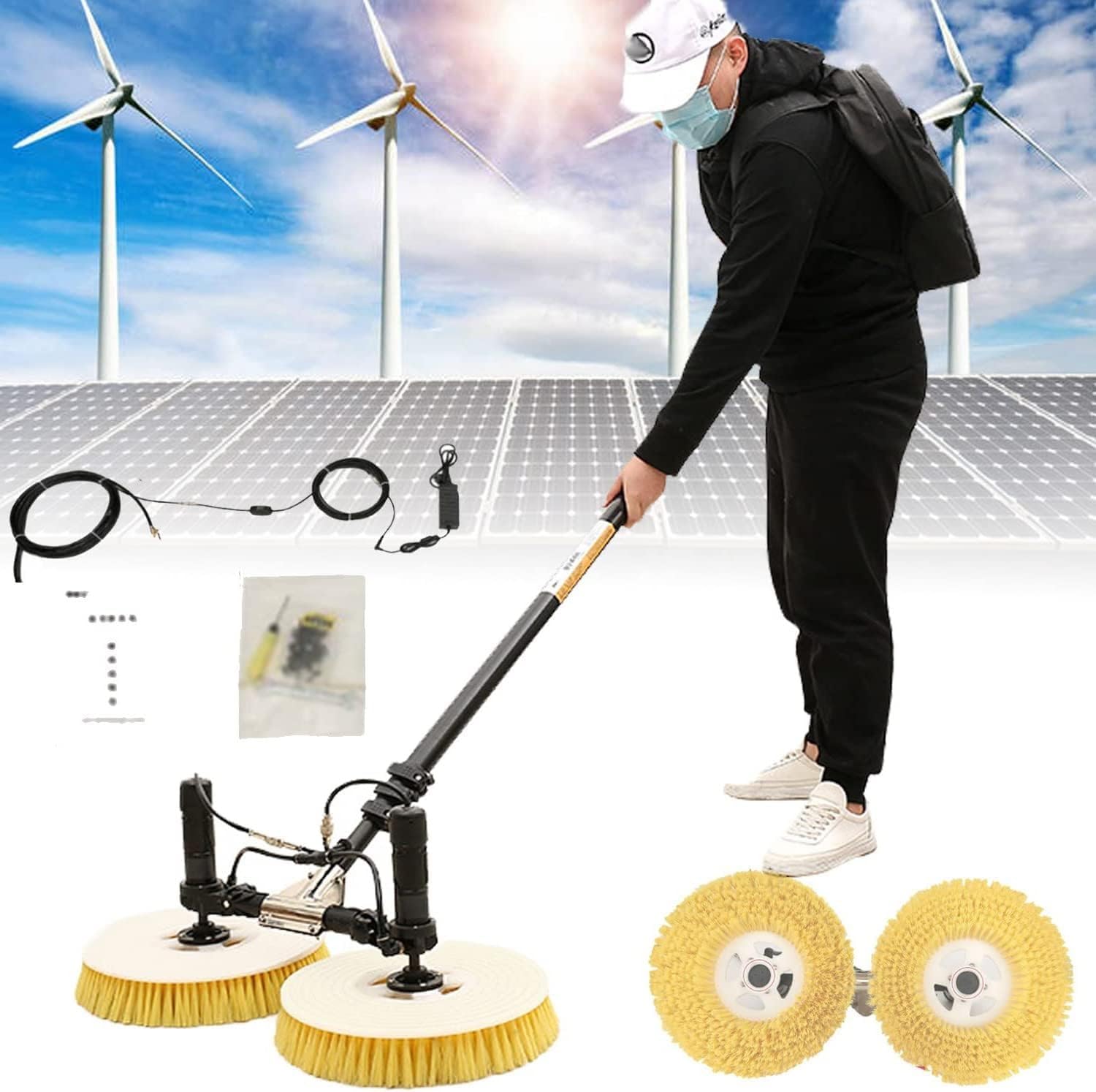 AYCDL Solar Panel Cleaning Kit, Double Brush Head with Adjustable Extension Rod, Automatic Rotary, 500-750㎡/h, Outdoor Washing Tool, 16.4FT,6M/19.6FT
