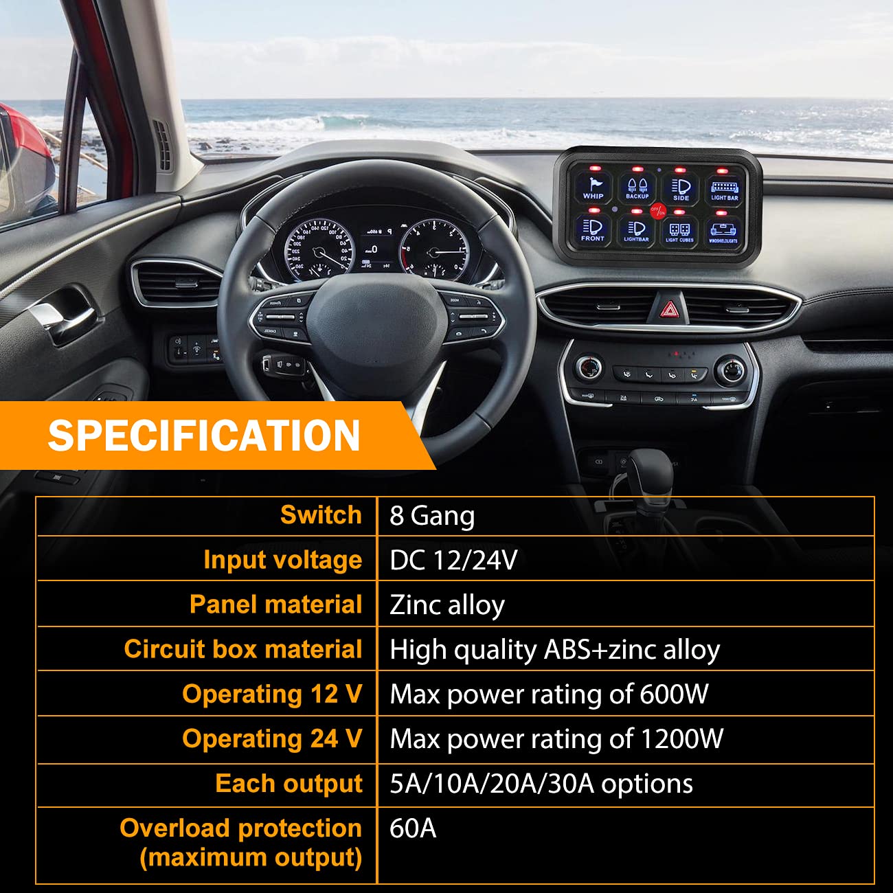 Auxbeam 8 Gang Switch Panel, Universal Circuit Control Relay System Box with Automatic Dimmable On-Off LED Switch Pod Touch Switch Box for Car Pickup Truck Boat UTV SUV (Two-Sided Outlet) : Automotive