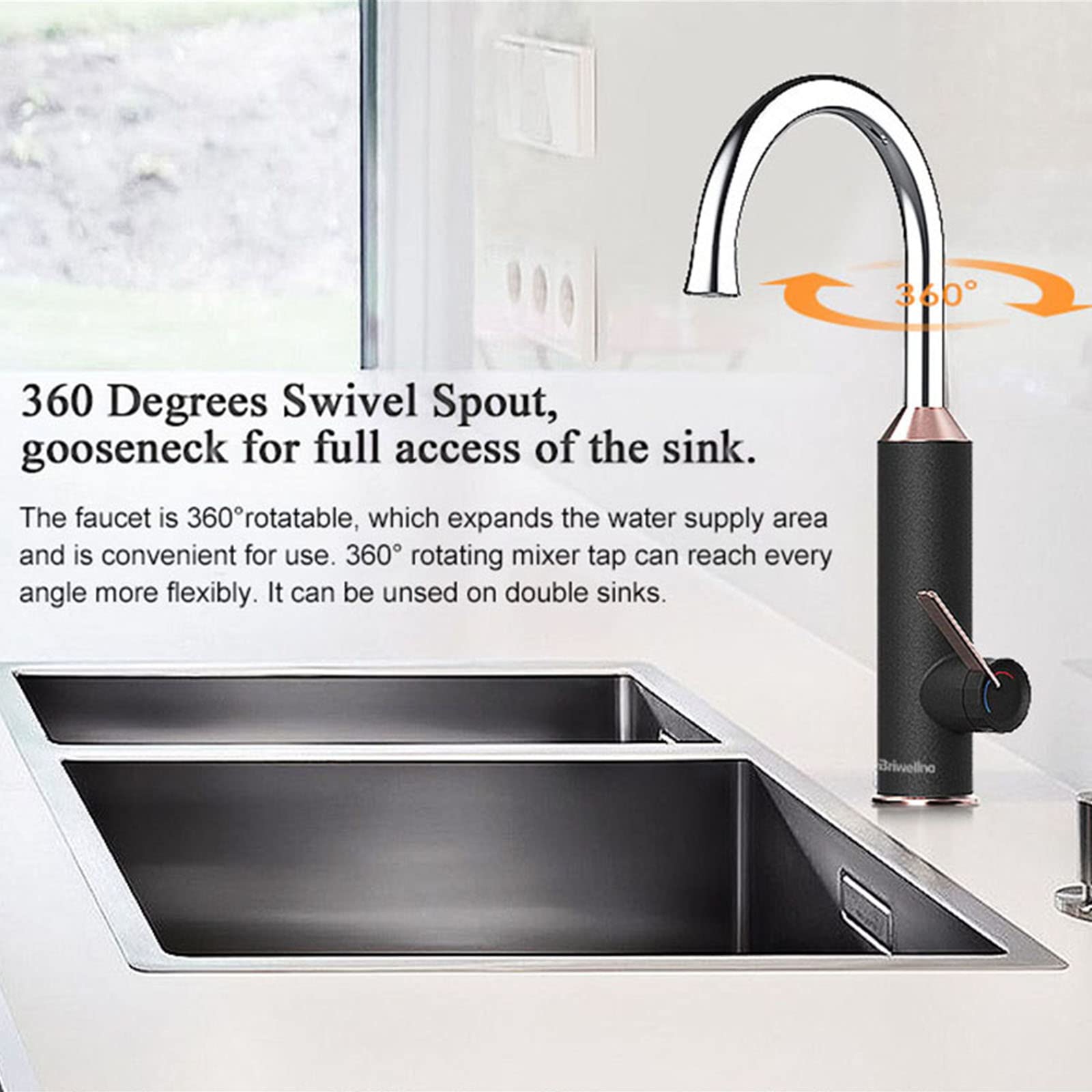 Rubinetti da Cucina, Rubinetto per scaldabagno Elettrico, Rubinetto per Acqua istantanea Senza Serbatoio, Rubinetto per Riscaldamento rapido con Display Digitale a LED, Rubinetto per lavello Girevole
