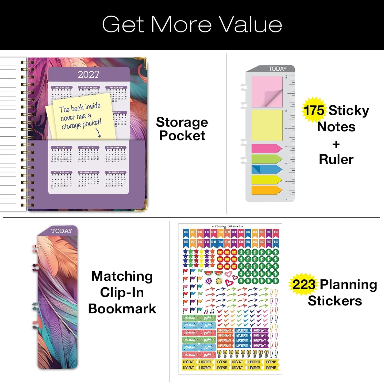 HARDCOVER Academic Year 2026-2027 Planner: 14 Months (May 2026 Through June 2027) 8.5"x 11" Daily Weekly Monthly Planner Yearly Agenda. Bookmark, Pocket Folder and Sticky Note Set (Pastel Peacock)