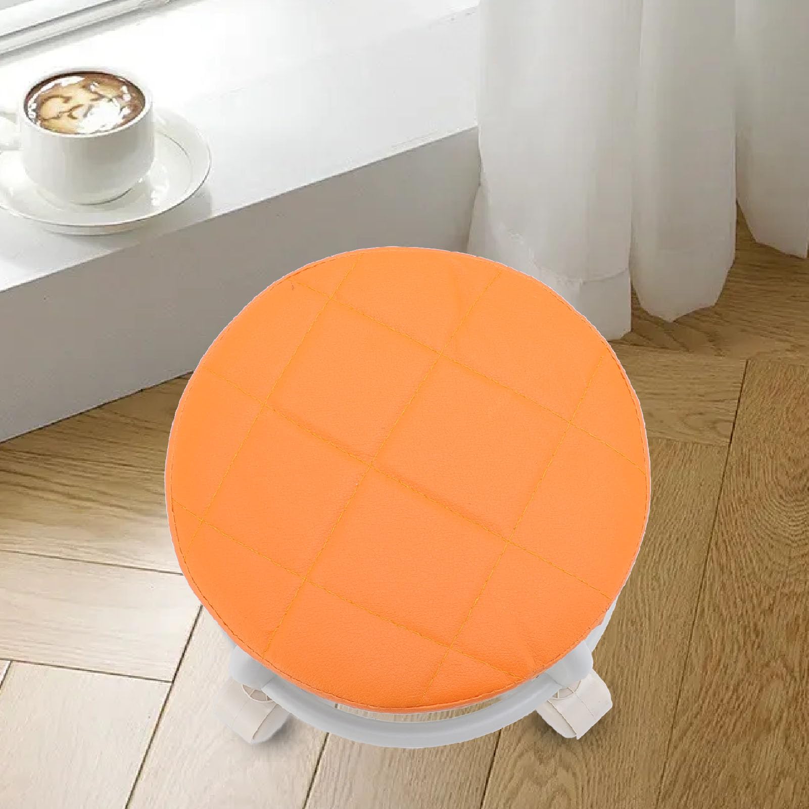 Sgabello Basso con Rotelle, Arancione Rotondo PU Imbottitura Morbida Girevole a 360 Gradi Sgabello Basso con Ruote, Sgabello Garage con Rotelle per Casa Negozio di Garage