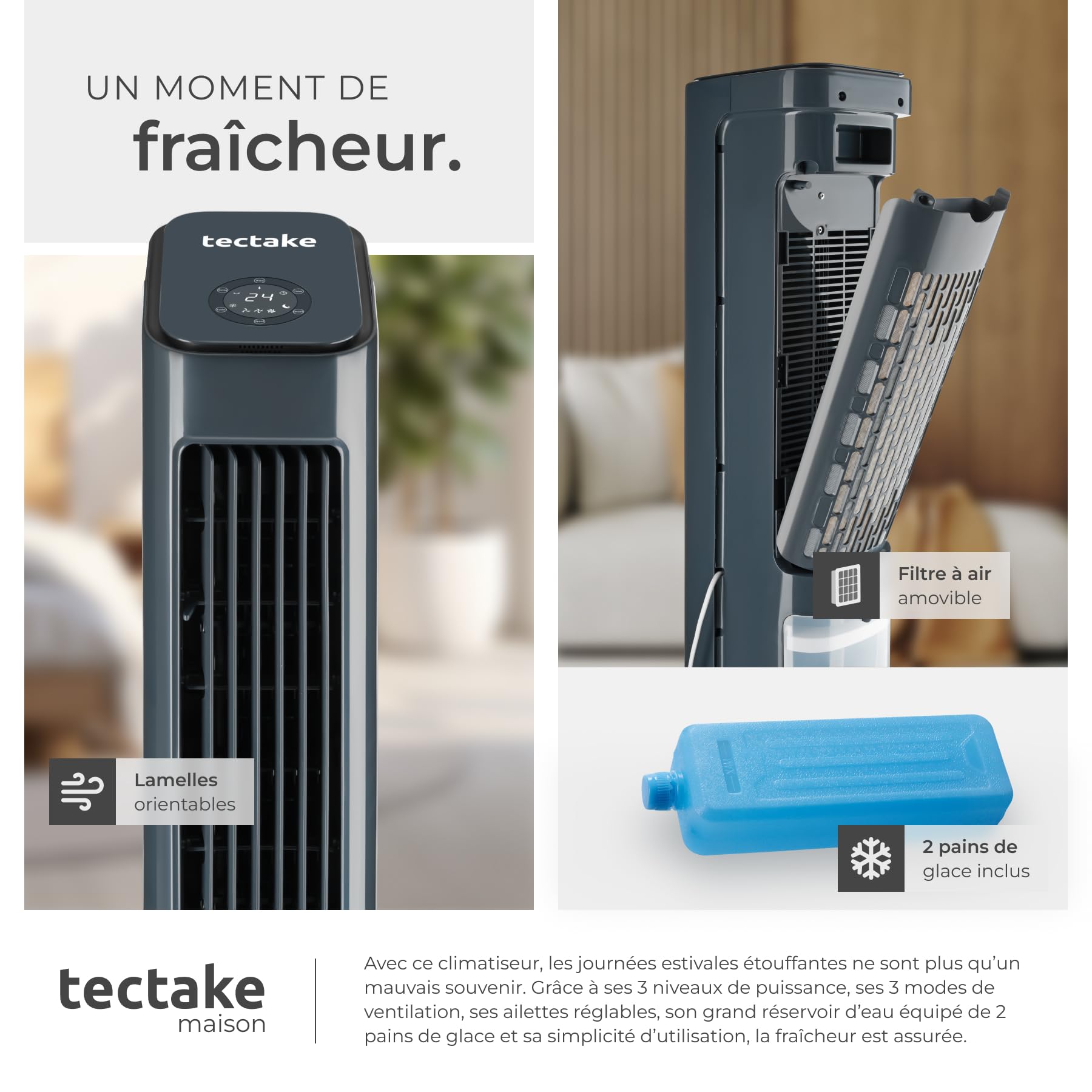 tectake® Rafraichisseur d'air 4-en-1, Refroidisseur Portable, Ventilateur, Humidificateur, Purificateur d'air HEPA, Réservoir 5 L, 3 Modes, 3 vitesses, Oscillation, Minuterie 12H, Silencieux, Gris