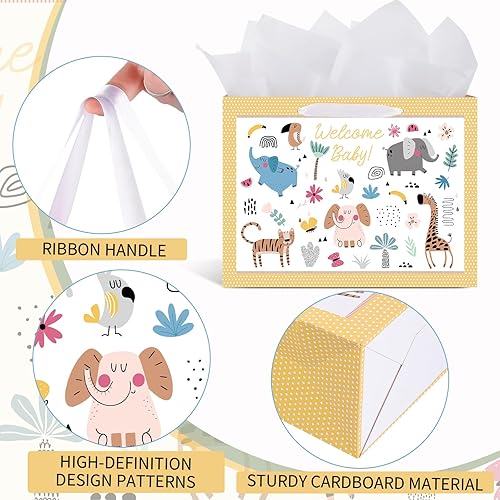 Miniatura 3 de woric Bolsa de regalo de bebé de 14.5 pulgadas para baby shower con papel de seda y tarjetas de felicitación para fiestas de cumpleaños de niños y