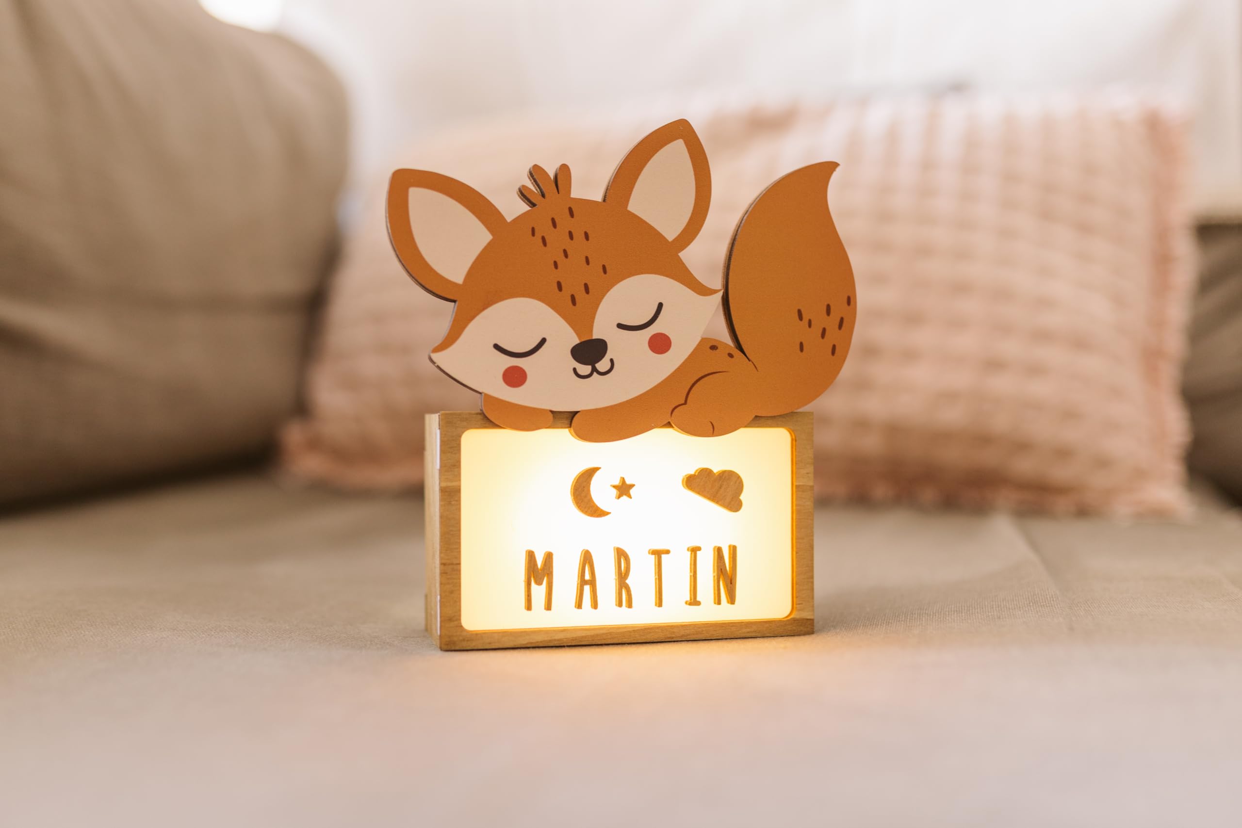 WONDEE Lampe Veilleuse Bébé Personnalisée et Veilleuse Enfant Personnalisée Renard - Accesoire Cadeau Bebe naissance personnalisé Garcon et Fille, Cadeau Bapteme Fille et Garcon, Decoration Bebe